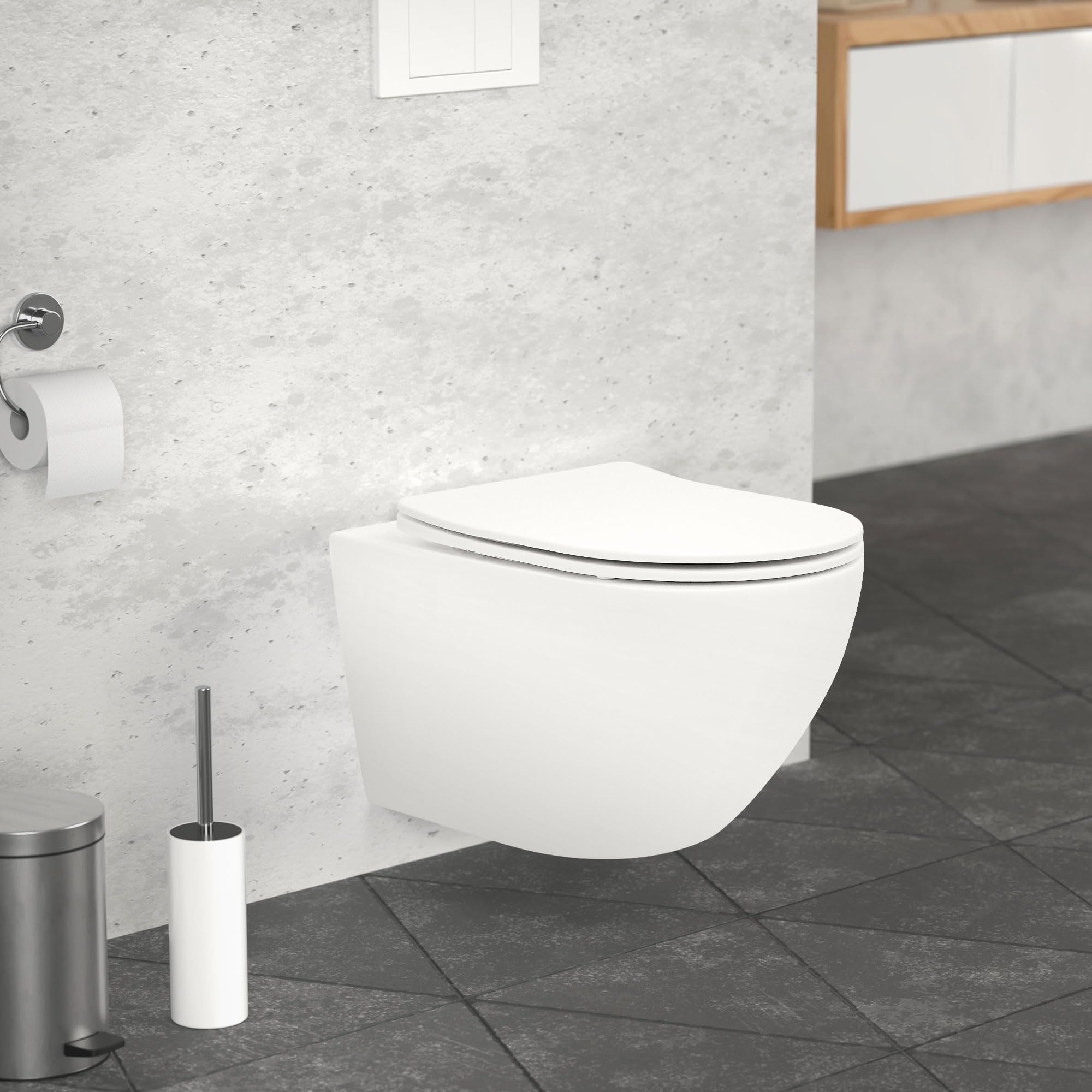 ECD Germany WC Sospeso a Muro senza Bordo Lungo 54 cm Bianco Opaco Nano Rivestimento Vaso Sospeso a Parete Sedile Estraibile Duroplast Chiusura Ammortizzata Toilette Sanitari Bagno con Effetto Loto