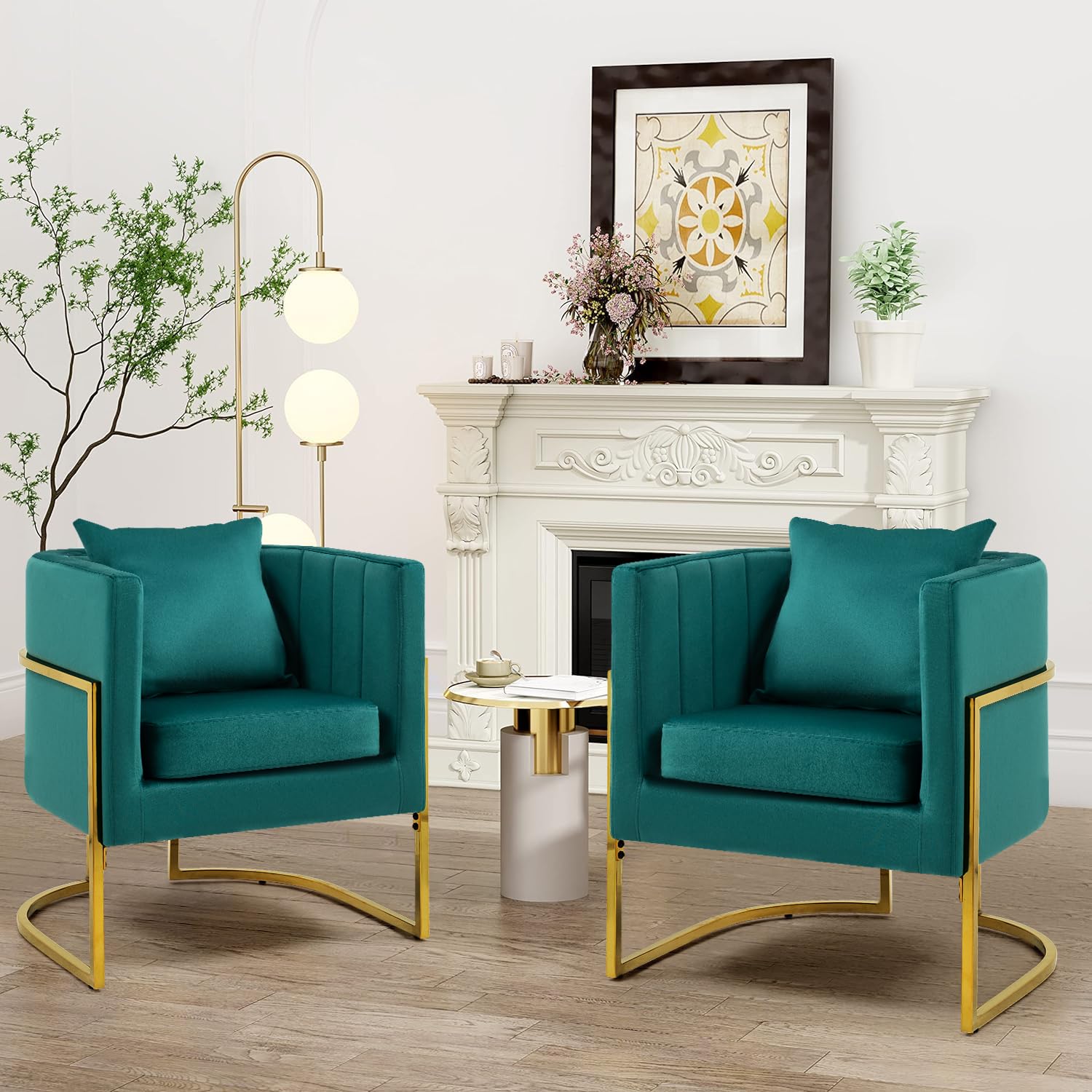 X-VOLSPORT Velvet Accent Chairs Set of 2, Contemporary Barrel Armchairs, Living Room Bedroom Club Chair Set with Pillow, Channel Tufted, Gold Finish