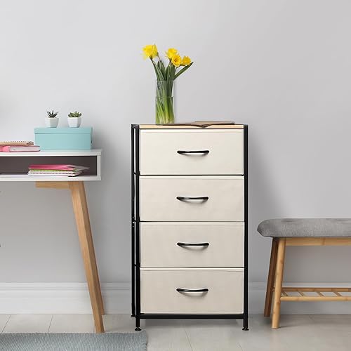 Miniatura 7 de LIANTRAL Cómoda con 4 cajones, cómoda de tela para dormitorio, cómoda pequeña, marco de acero resistente y parte superior de madera, cajones de