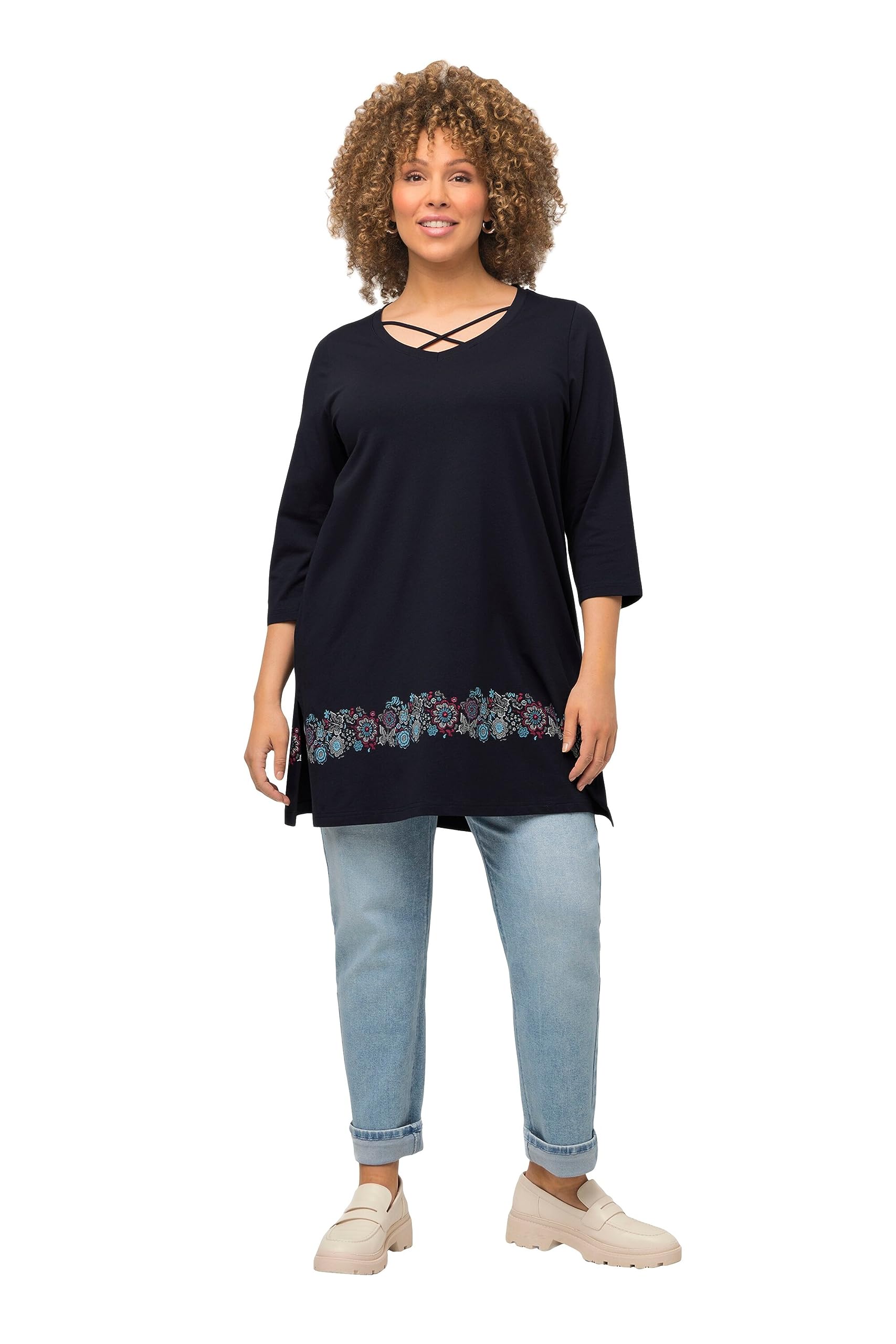 Ulla Popken Women's Border Print Hem A-line T-Shirt