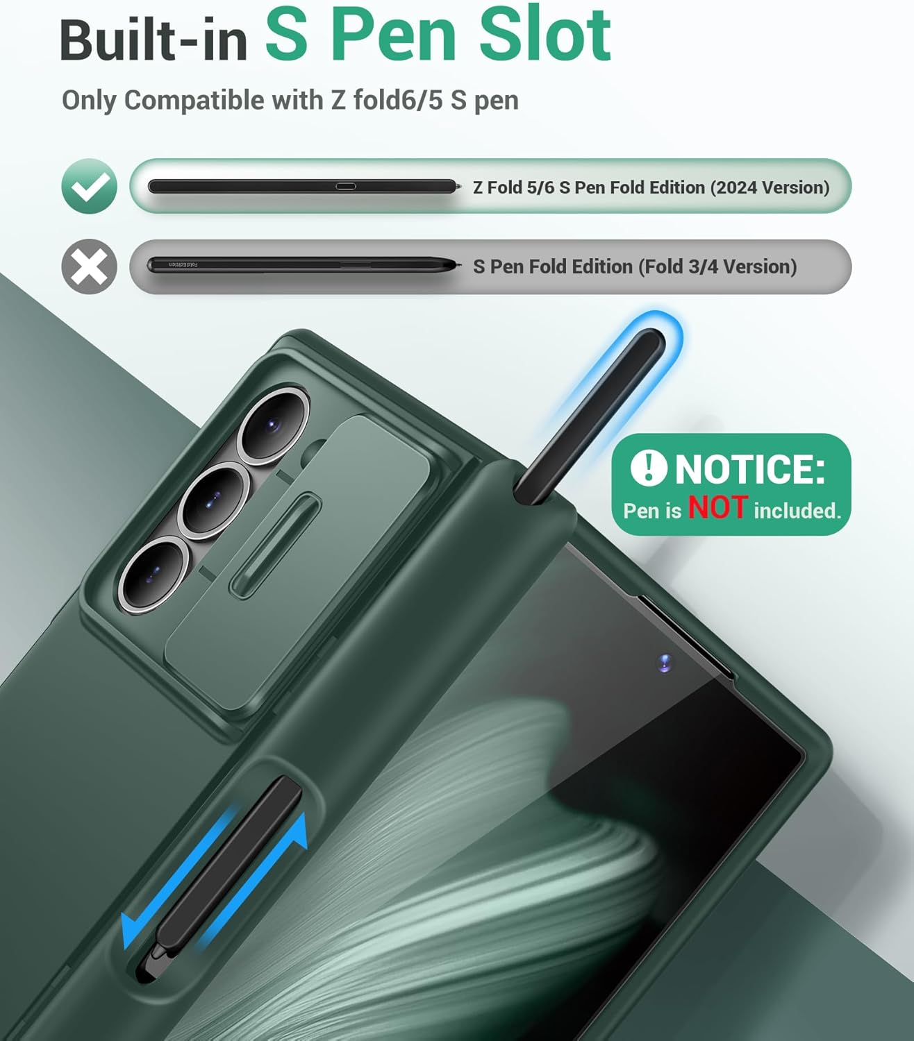 BERFY for Z Fold 6 Case with 9H Tempered Screen Protector, Built-in S Pen Holder, Slide Camera Cover, Hidden Kickstand, Full Body Shockproof Slim Phone Case for Samsung Galaxy Z Fold 6, Green