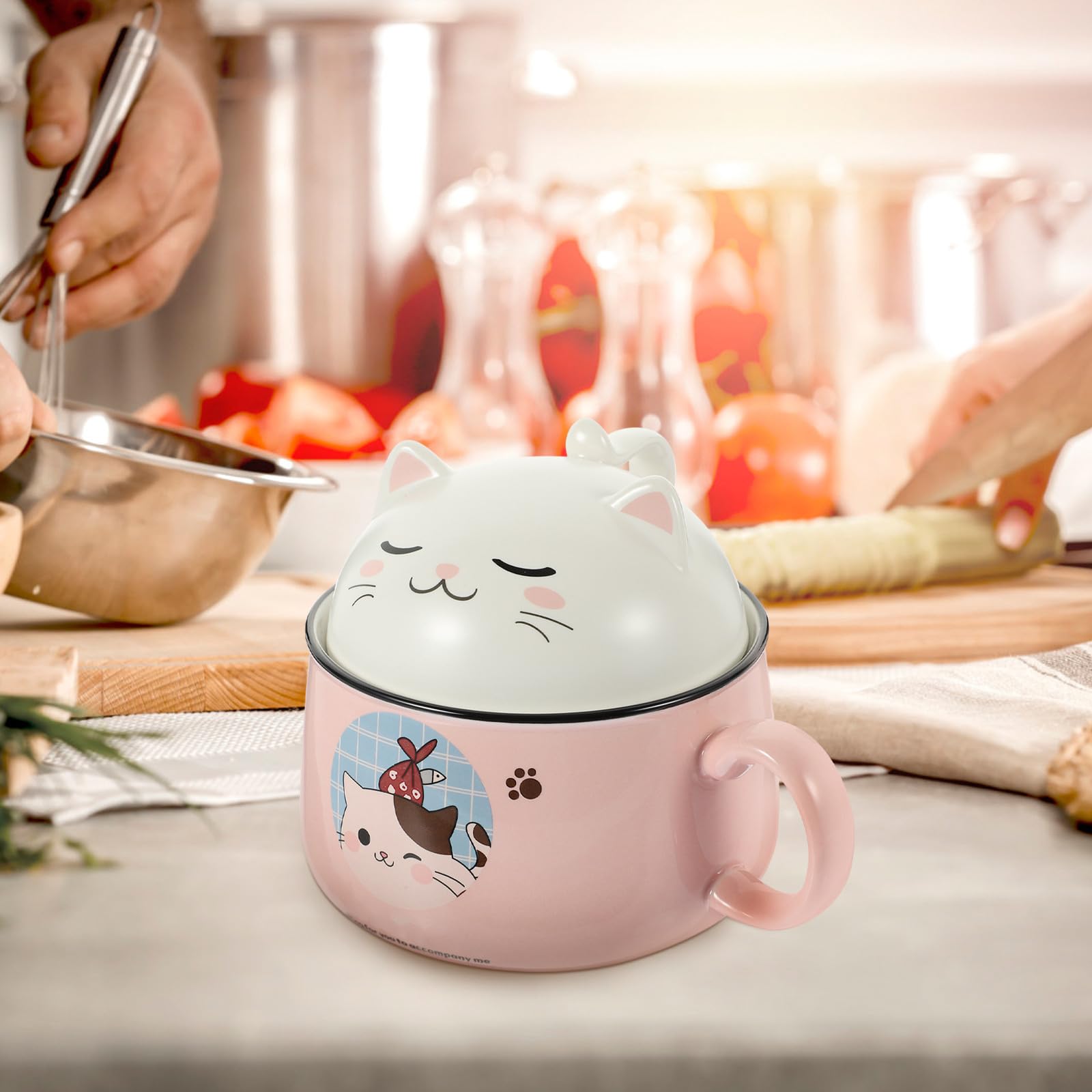 Katzenmotiv Ramen Schüssel mit Deckel, 1020ml, 1 Satz, Keramik | Edelstahl Element, Rosa Ausführung, Leicht zu Reinigen, Vielseitig Nutzbar, für Einzugsgeschenke