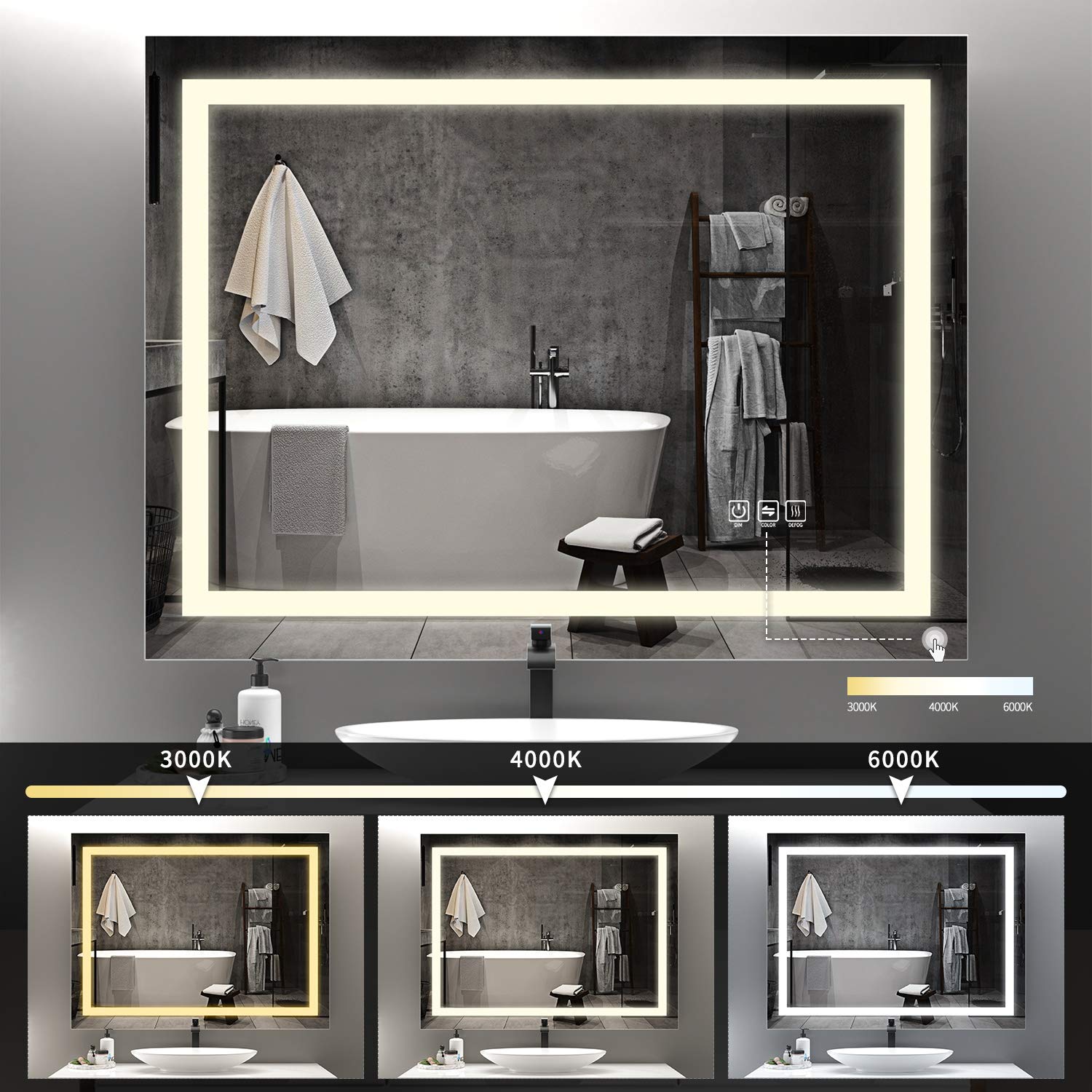 ANTEN 36x28 Inch Bathroom LED Mirror, Horizontal & Vertical Bathroom