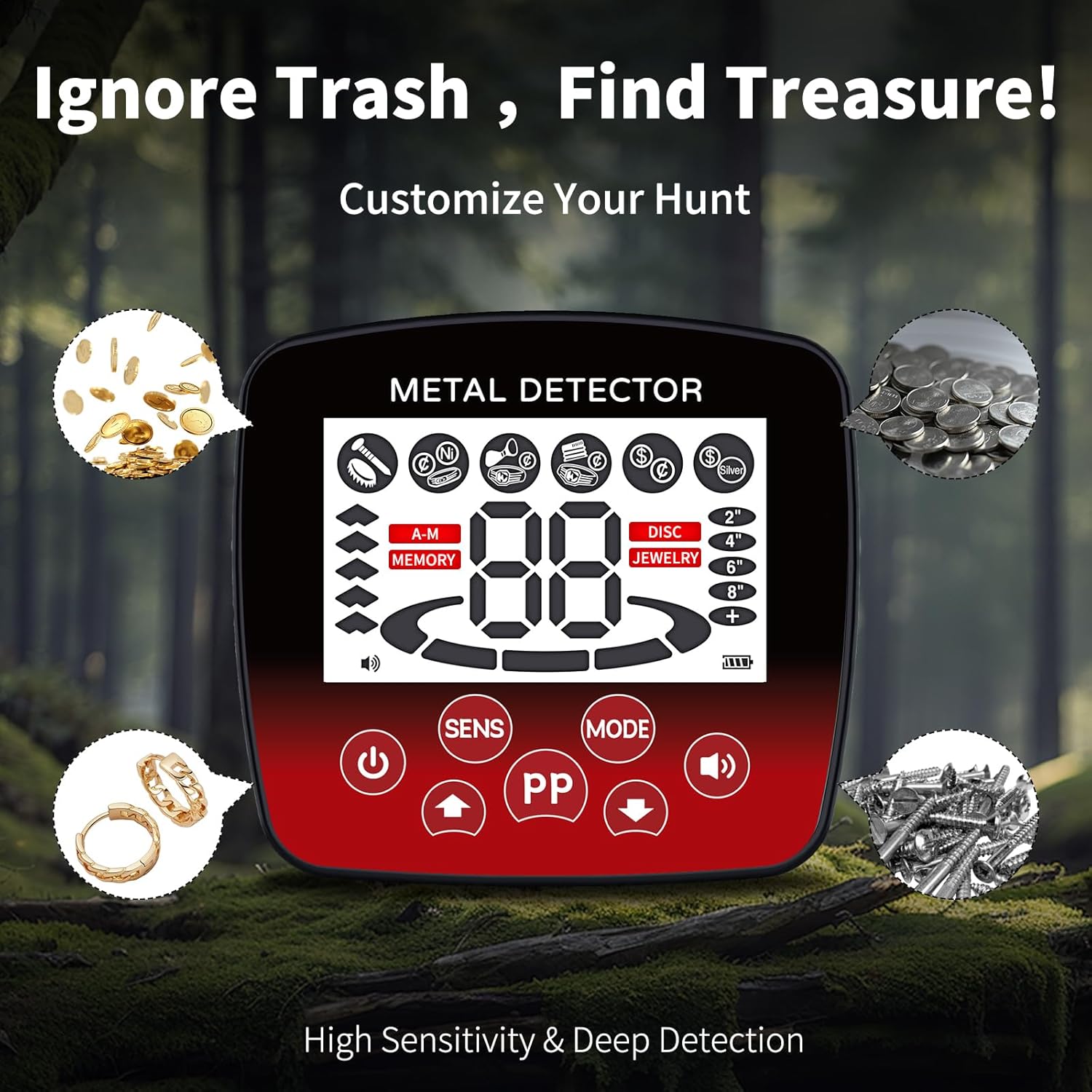 Waterproof Metal Detector for Adults, 10" IP68 Professional Metal Detectors, 5 Modes High Accuracy Detector de metales oro y Plata, Gold Detector/Tester with Shovel, Bags, Headphones(Red)