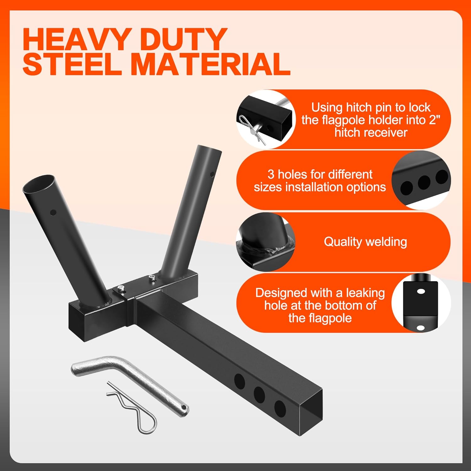 Dual Hitch Mount Flagpole Holder, Heavy Duty Double Flag Poles Holder Univesal for Standard 2 inch Hitch, Compatible with Jeep Truck SUV RV Pickup Camper Trailer with Anti-Wobble Screw - Image 3