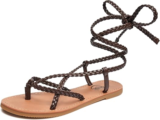 Trary Womens Lace Up Sandals Flat Strappy Gladiator Braided Sandals Tie Up Open Toe Summer Woven Shoes Lightweight Comfortable Ankle Wrap Roman Dressy Casual Beach Travel Cute Flats