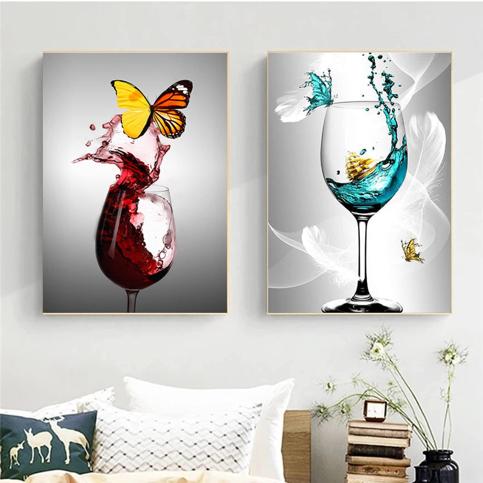Piękny abstrakcyjny motyl czerwone wino szkło obraz na płótnie plakat i wydruki sztuka ścienna zdjęcia salon wystrój domu 40 x 60 cm x 2 bez ramy