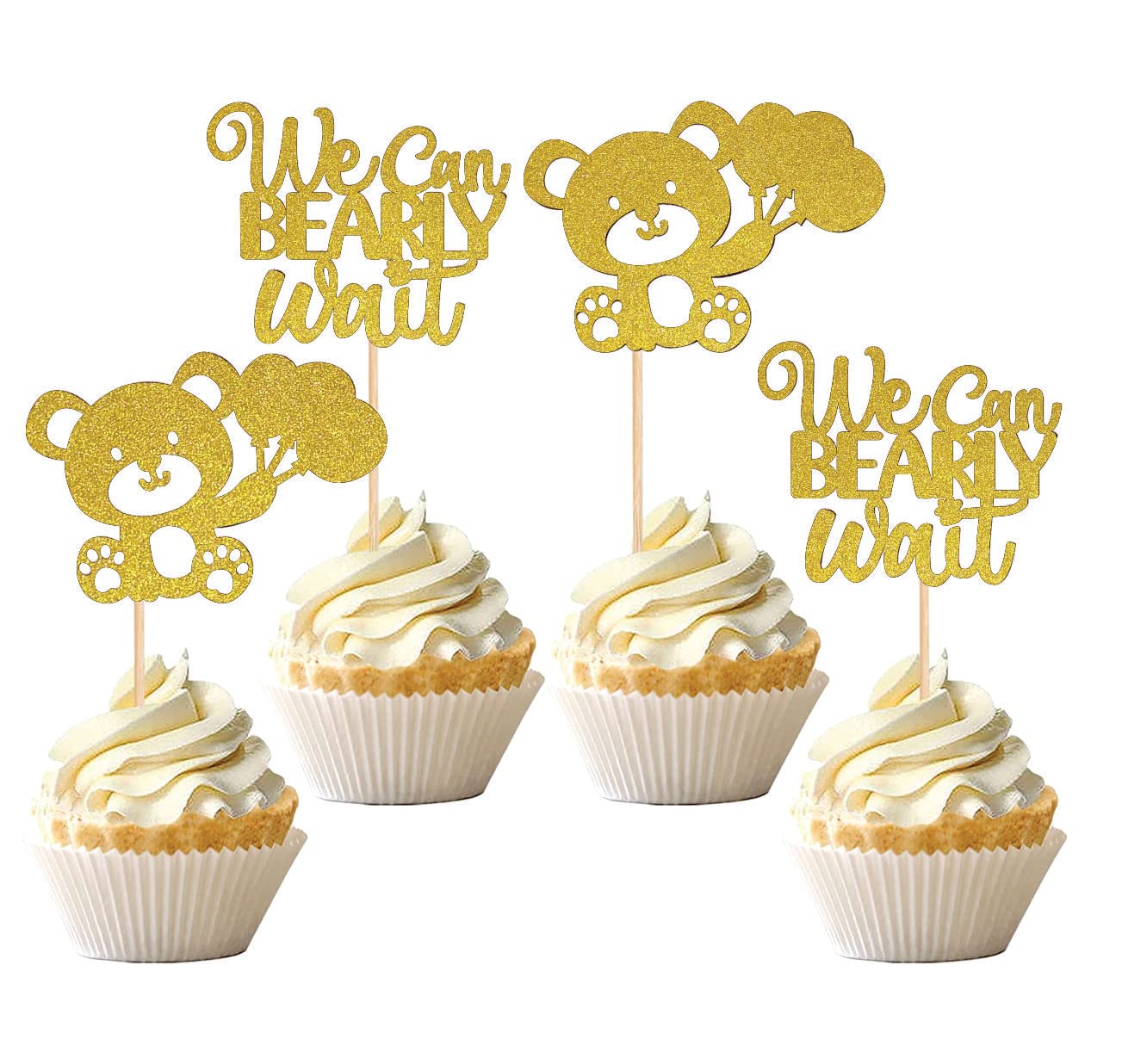 SVM CRAFT® We Can Bearly Wait Cupcake Toppers, baby shower cup cake toppers -24 PCS, baby shower cake toppers, Glitter Balloon Bear Cupcake Picks Baby Shower Cake Decorations for Kids
