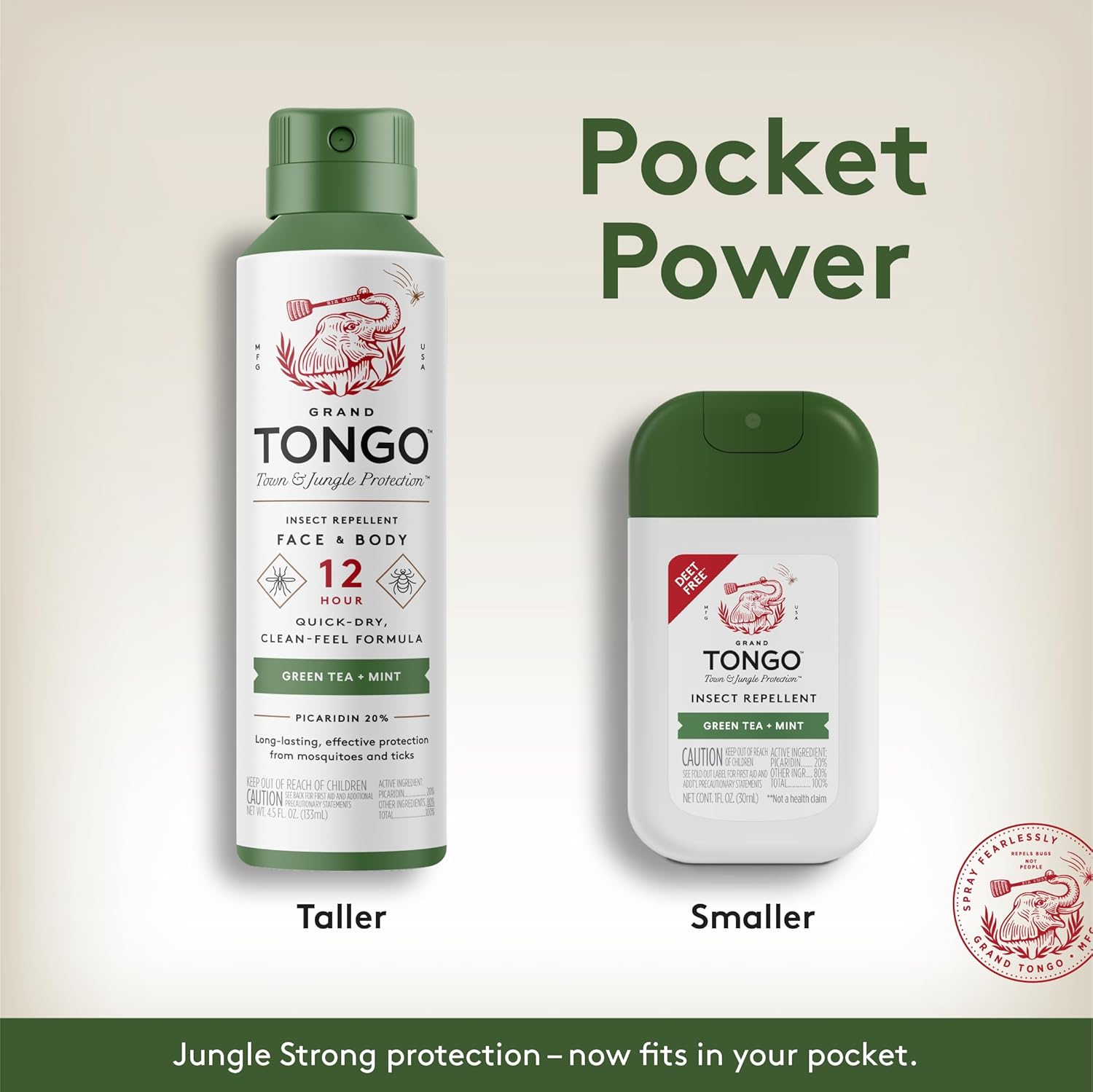Grand Tongo DEET-Free Insect Repellent Spray, 12 Hour Mosquito Protection, Picaridin Pocket Pump Spray, 1 oz Travel Size, Green Tea + Mint, 8 Pack