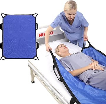 NIHAO Bed Positioning Pad with 8 Reinforced Handles 45" x 36" Patient Transfer Sheet Washable Reusable for Bedridden & Elderly Lifting Turning, Blue
