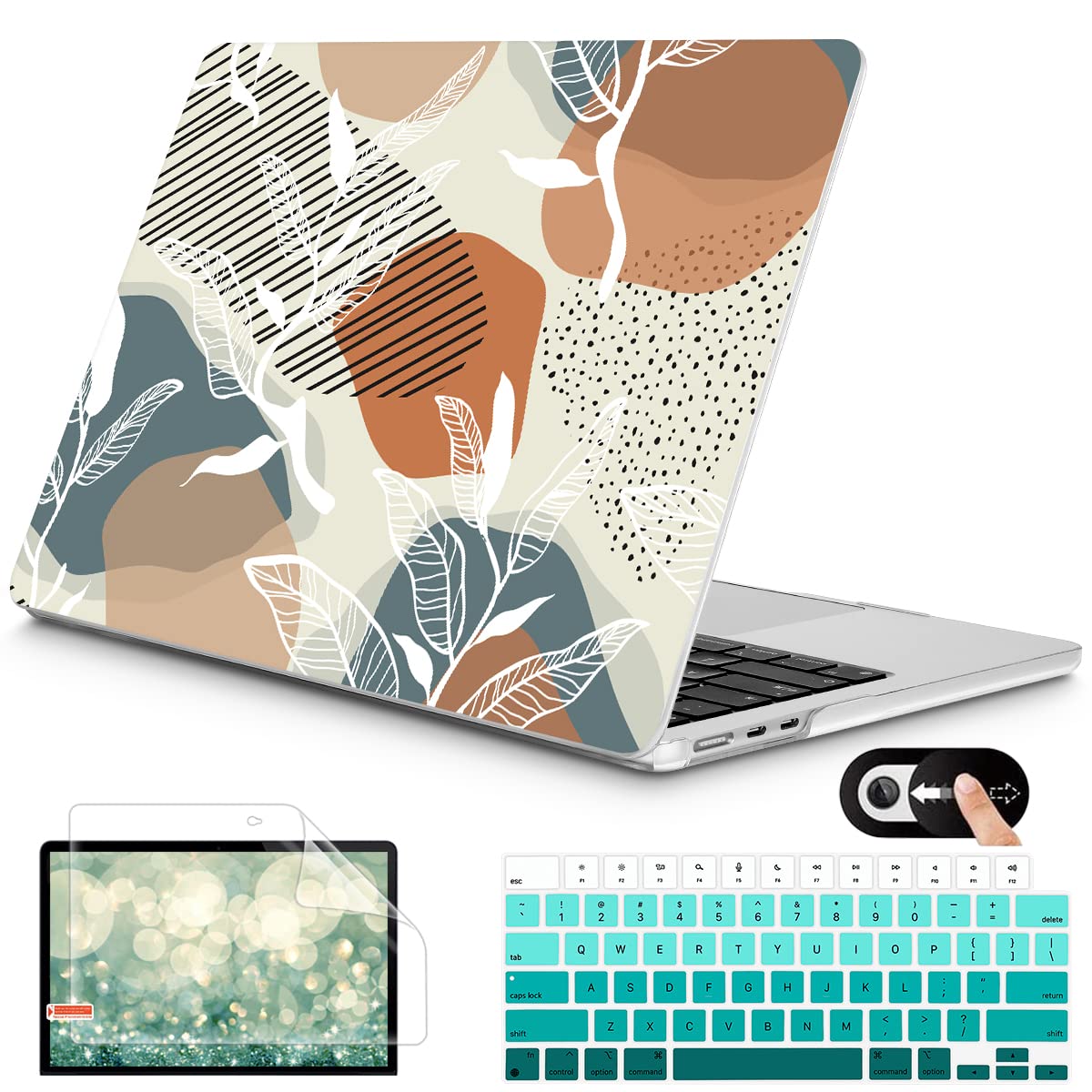 Mektron Compatible with MacBook Air 13.6 inch M2 Chip 2022 Model A2681, Hard Shell Case with Keyboard Skin & Screen Protector & Webcam Cover for MacBook 13 inch with Touch ID, Abstract Leaves