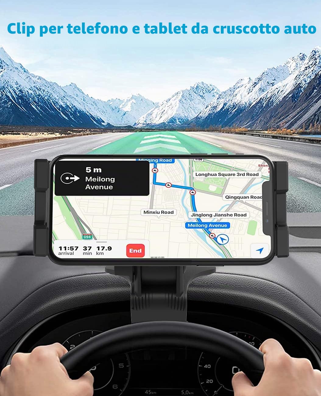 Porta Telefono Auto con Clip a Molla Regolabile 360° | Supporto Tablet Cellulare per Auto Cruscotto, Specchietto Retrovisore, Visiera Parasole per iPhone, iPad, Pixel, da 4-11"