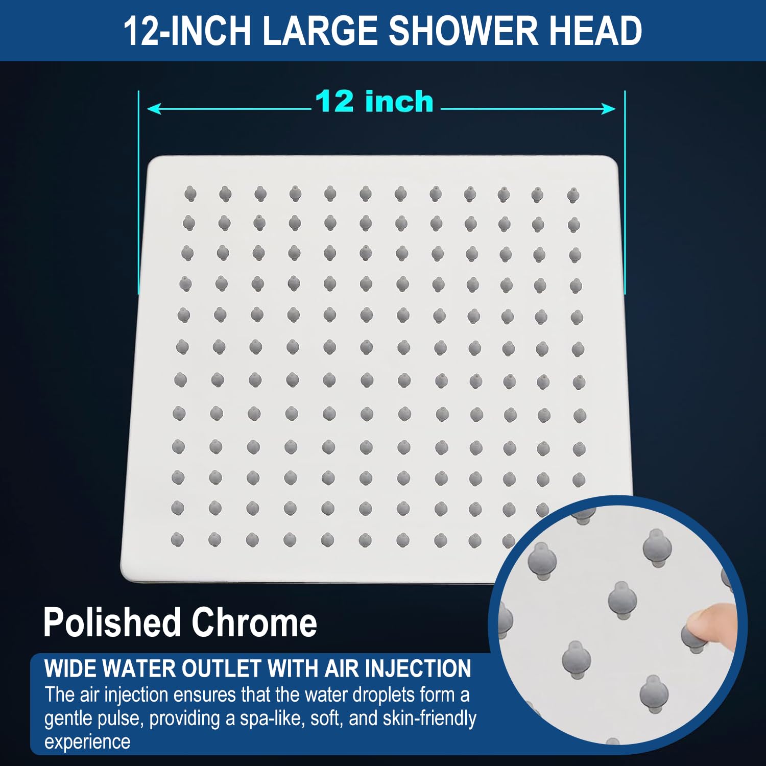 Cabezal de Ducha Cuadrado de 30 cm (12 Pulgadas) en Acero Inoxidable 304,Rociador de Ducha Antical,Efecto Lluvia,Rotación 360°,Conexión G1/2,Fácil Limpieza,Acabado Cromado, AISI304 Stainless Steel