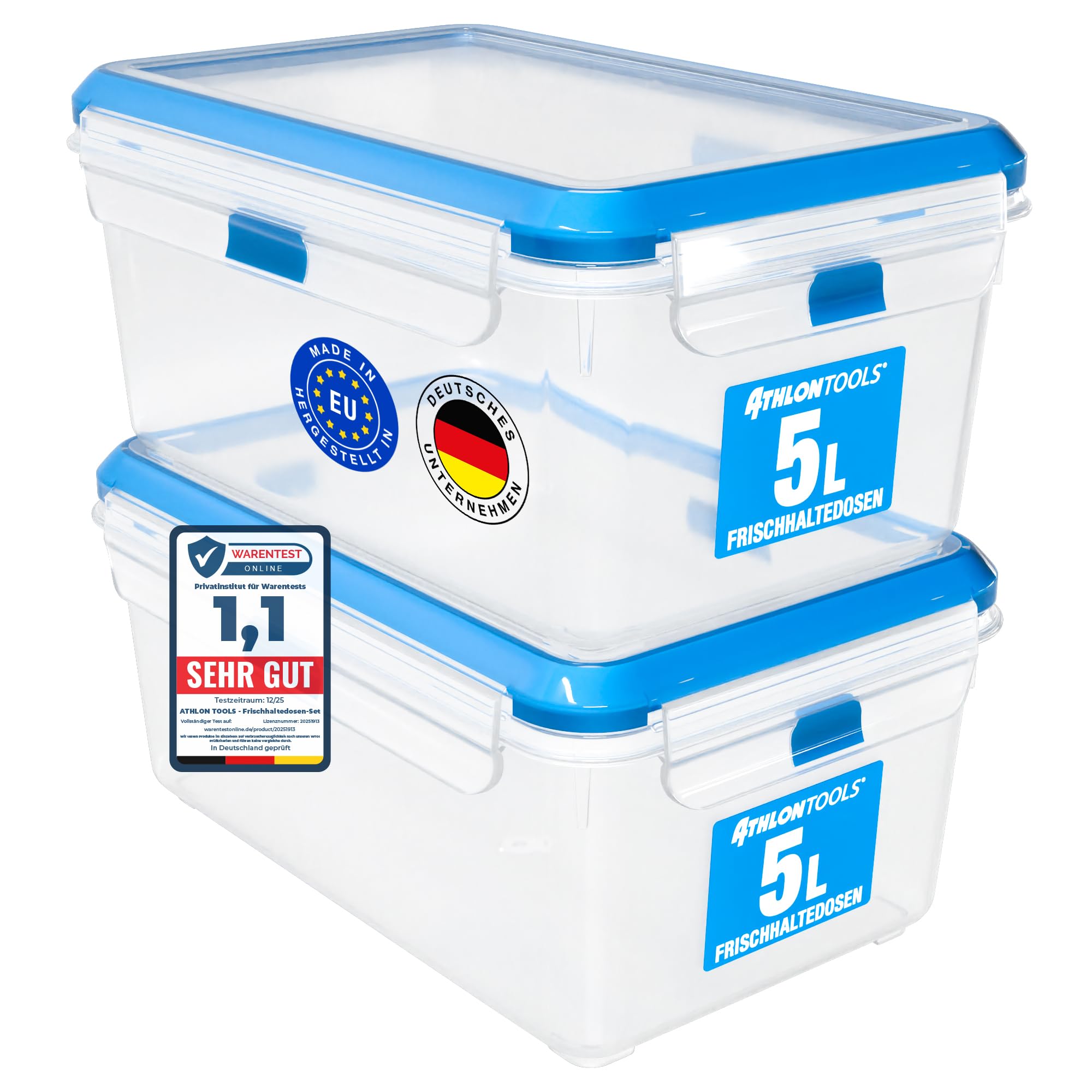 ATHLON TOOLS 2x 5L Frischhaltedosen-Set in Gastro-Qualität - 100% luftdicht und auslaufsicher -40 bis +100 Grad - für alle Lebensmittel - BPA-frei - Vorratsdosen für Kühlschrank [MADE IN EU]