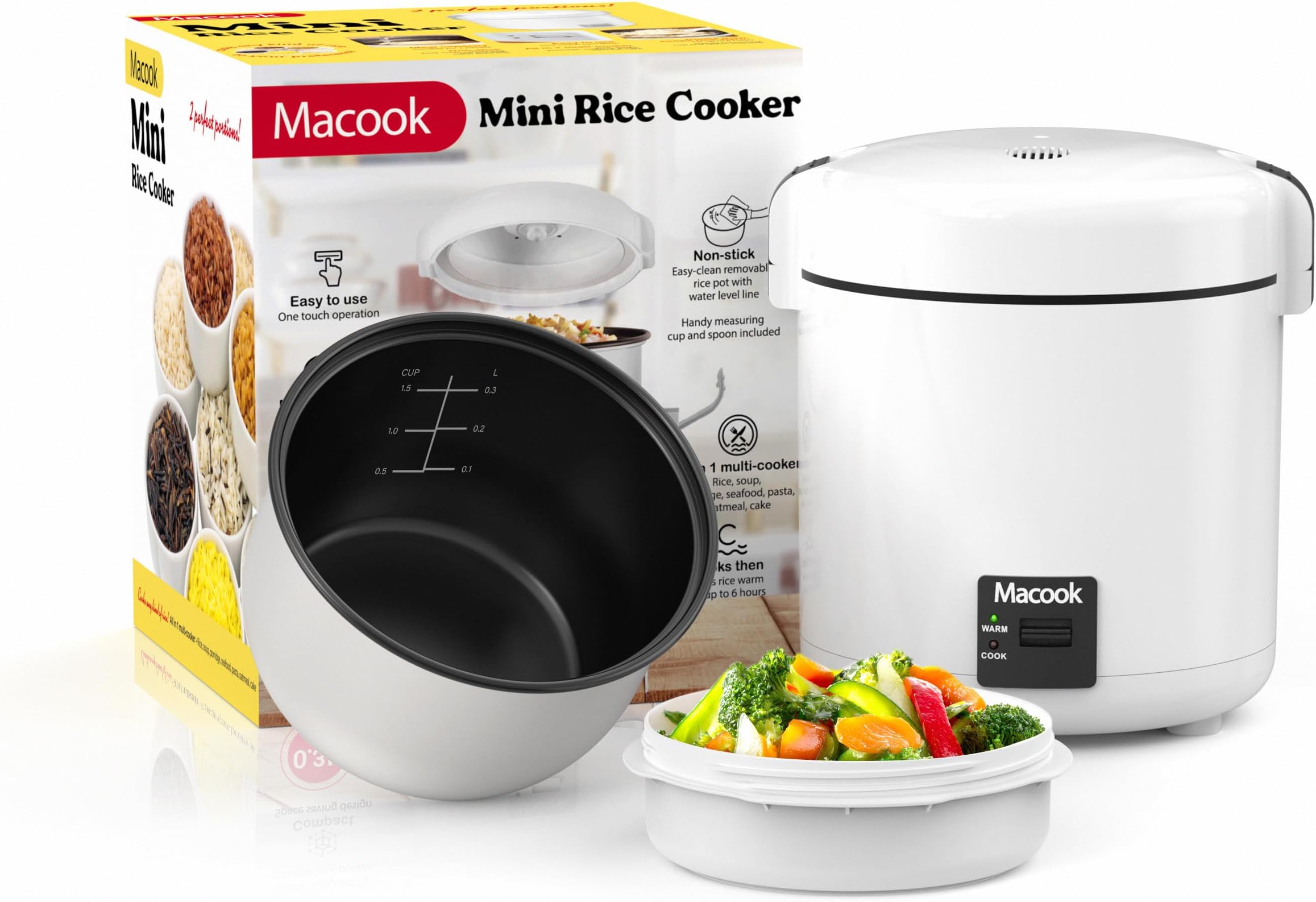 Mini Rice Cooker for 1 to 1.5 Cups Without Boiling (3 Cooked Cups), Small Rice Cooker with Bento Box, Removable Non-Stick Pot, One Touch and Keep Warm Function, Portable Rice Cooker