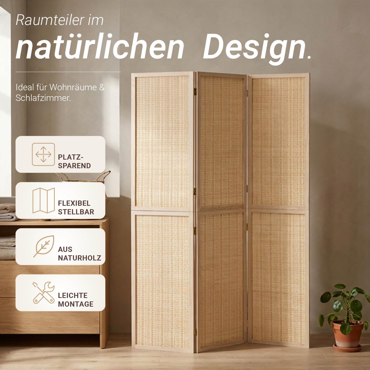Homestyle4u Paravent 3-teilig aus Holz & Bambus, 120x170 cm