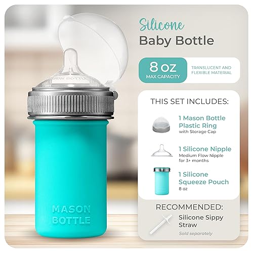 Miniatura 2 de Mason Bottle Biberón de silicona de 8 onzas con pezón de flujo medio (3 meses o más), biberón de lactancia, bolsa de silicona reutilizable para