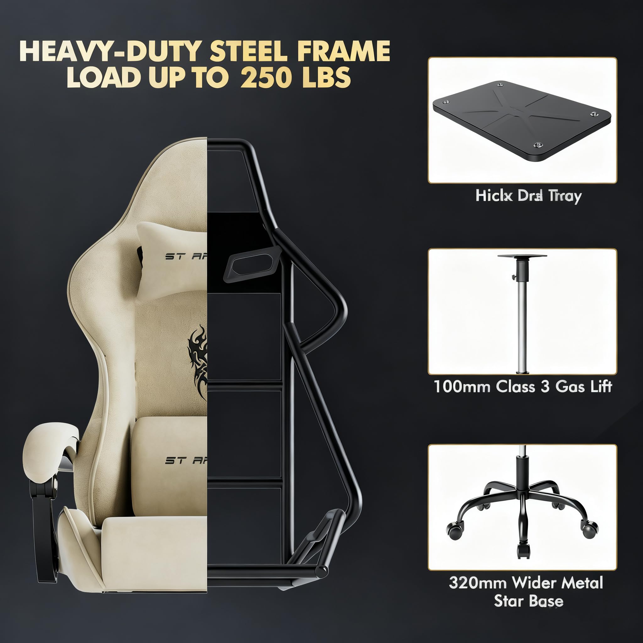 Huracan Gaming Stuhl mit Massage Lendenwirbelstütze, Verstellbare Armlehnen Gaming Chair, Gamer Stuhl Ergonomisch mit Fußstütze, Samtstoff, 90-160° Rückenlehne verstellbar Gaming Sessel, 150KG（Beige）
