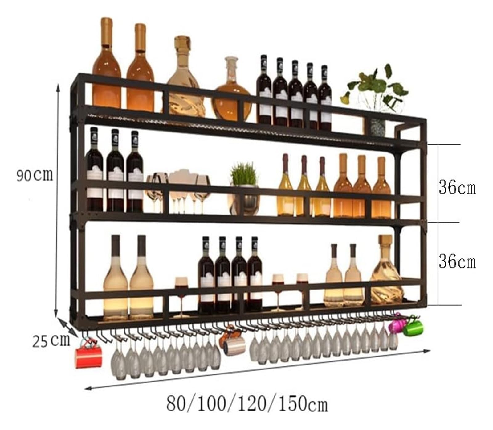 Stojaki na wino LED do montażu na ścianie, stojak na kieliszki do wina pływająca półka z wieszakiem na kieliszki, przemysłowy metalowy wiszący stojak na wino do domu, spiżarni, piwnicy, barów (kolor: