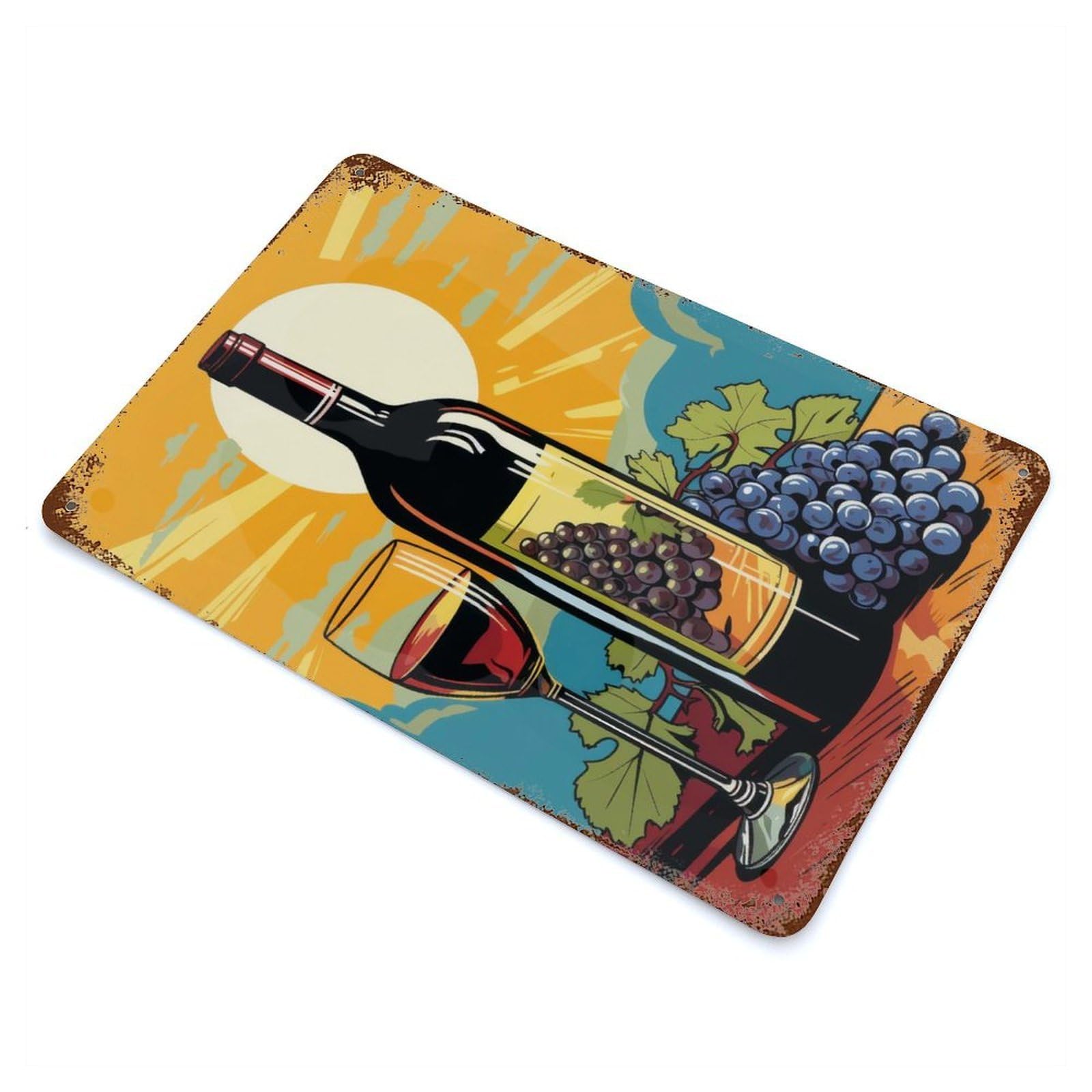 Wine Bottle And Grapes Rust Effect Tin Sign 11.8"x7.9", Retro Wall Decor for Pub, Kitchen And Man Cave Decor