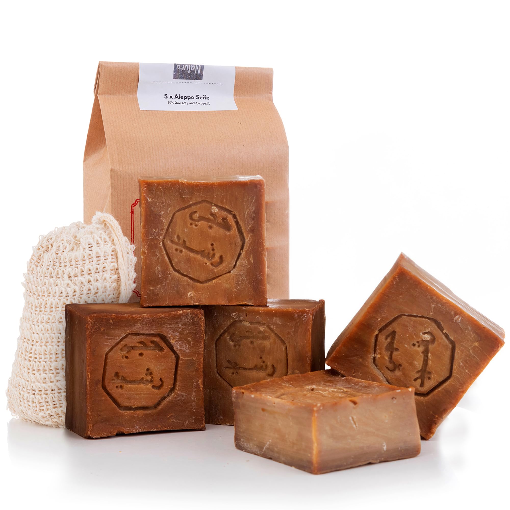 Natura Germania® Aleppo Seife Großpackung | 5x 200g | 60% Olivenöl & 40% Lorbeeröl | Premium Naturseife für Haar & Körper | Vegan & Handgemacht | inkl. Sisal Seifensäckchen