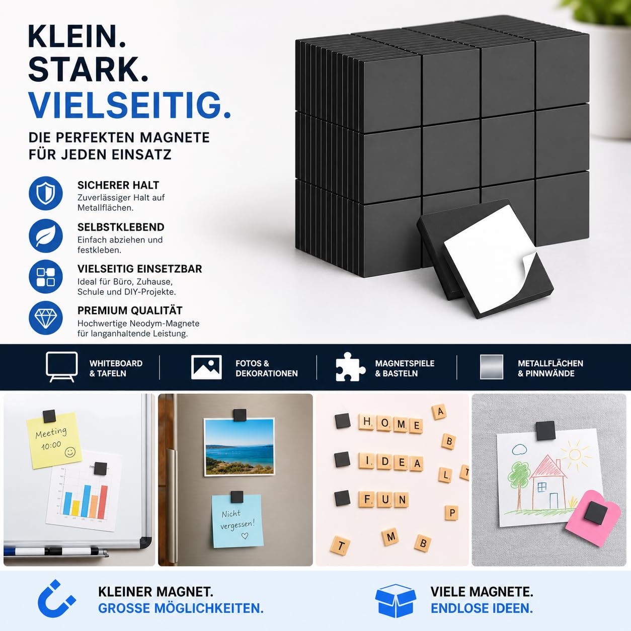 5er Pack - Magnetplättchen selbstklebend - 250x Klebemagnete für Kühlschrank, Tafel, Büro, 10x10mm