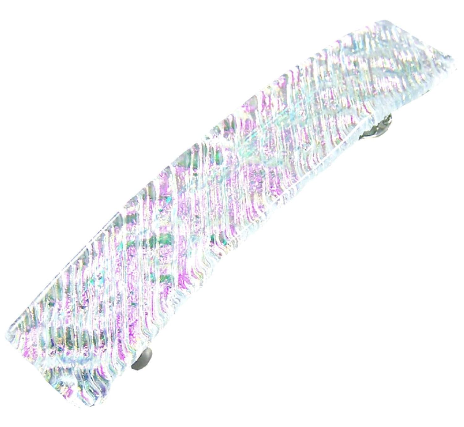 Dichroic Glass Hair Barrette - Large 3.5" / 90mm - Clear Pink Magenta Opal Green Metallic Iridescent Wavy Striped Ripple Waves Slide Clip Hair Accessories