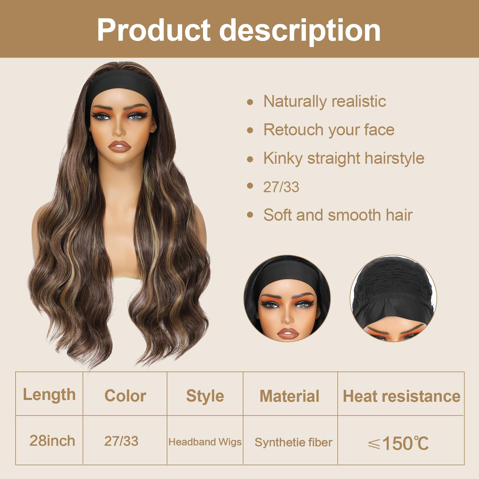 Yacurcur Glueless Headband Wig Long Body Wave Headband Wigs for Black Women Synthetic Natural Looking Wavy Wig 180% Density (28inch - Image 2