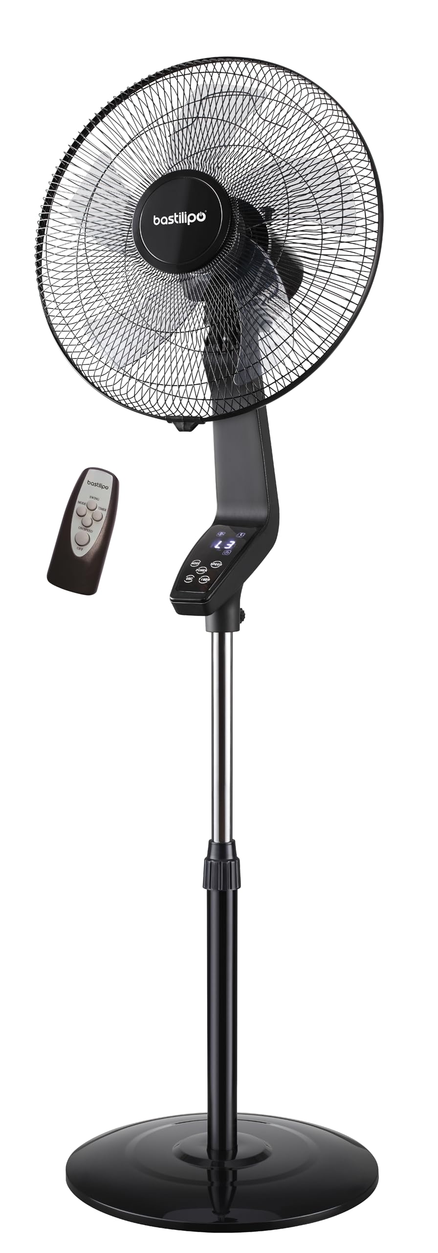Bastilipo - Ventilador de pie con mando a distancia, 50W, base redonda, gama premium, modelo Coin Black