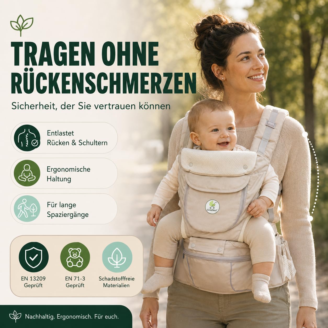 ÖKO Babytrage mit Hüftsitz 3 in 1 aus recycelten Materialien Bauchtrage, Hüfttrage & Rückentrage - atmungsaktiv mit Kapuze, Stauraum, Flaschenhalter für 6-36 Monate bis 3-29 kg