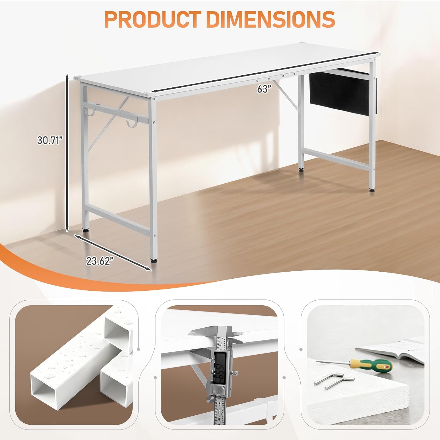 VINGLI 63 Inch Computer Office, Modern Simple Gaming Desk with Side Fabric Drawer & Hook Up, Wear-Resistant Surface, Writing Desk Work Desk for Bedroom, Living Room, White