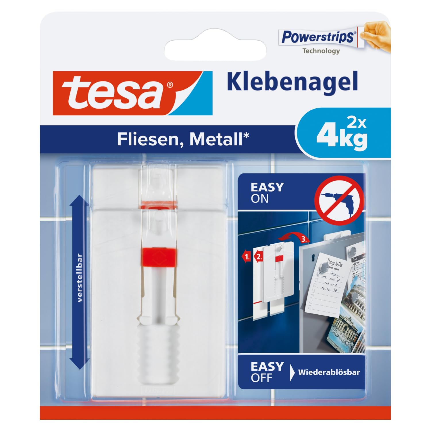 tesa Klebenagel Fliesen&Metalll, verstellbar, 2 Stück - anpassbarer Klebenagel für glatte und feste Oberflächen in Bad und Küche, 4 kg Haltekraft - ablösbar und wiederverwendbar