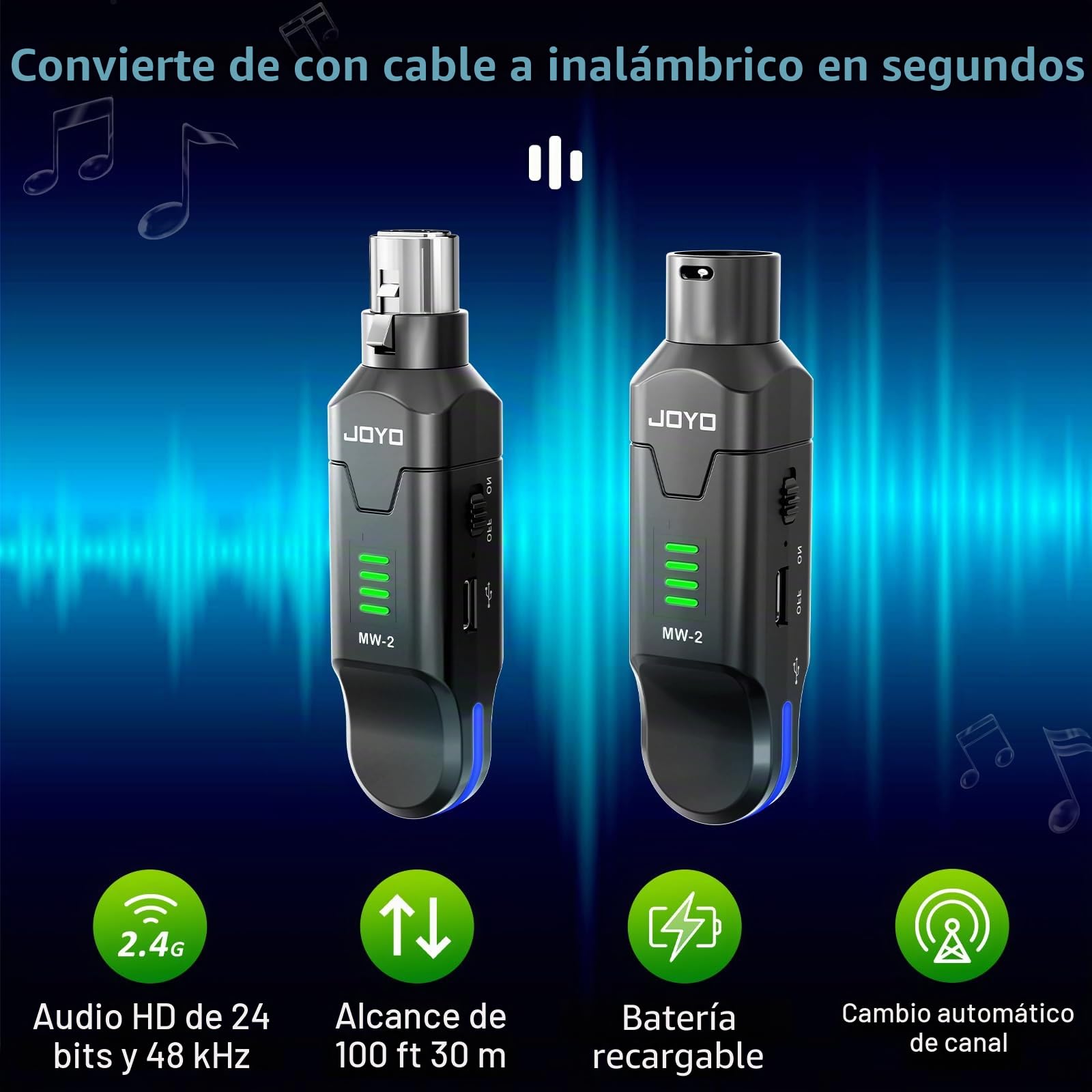 JOYO Sistema de micrófono inalámbrico 2.4 GHz, transmisor XLR 4 canales y receptor dinámico/condensador alimentado Phantom para PA, sonido en vivo