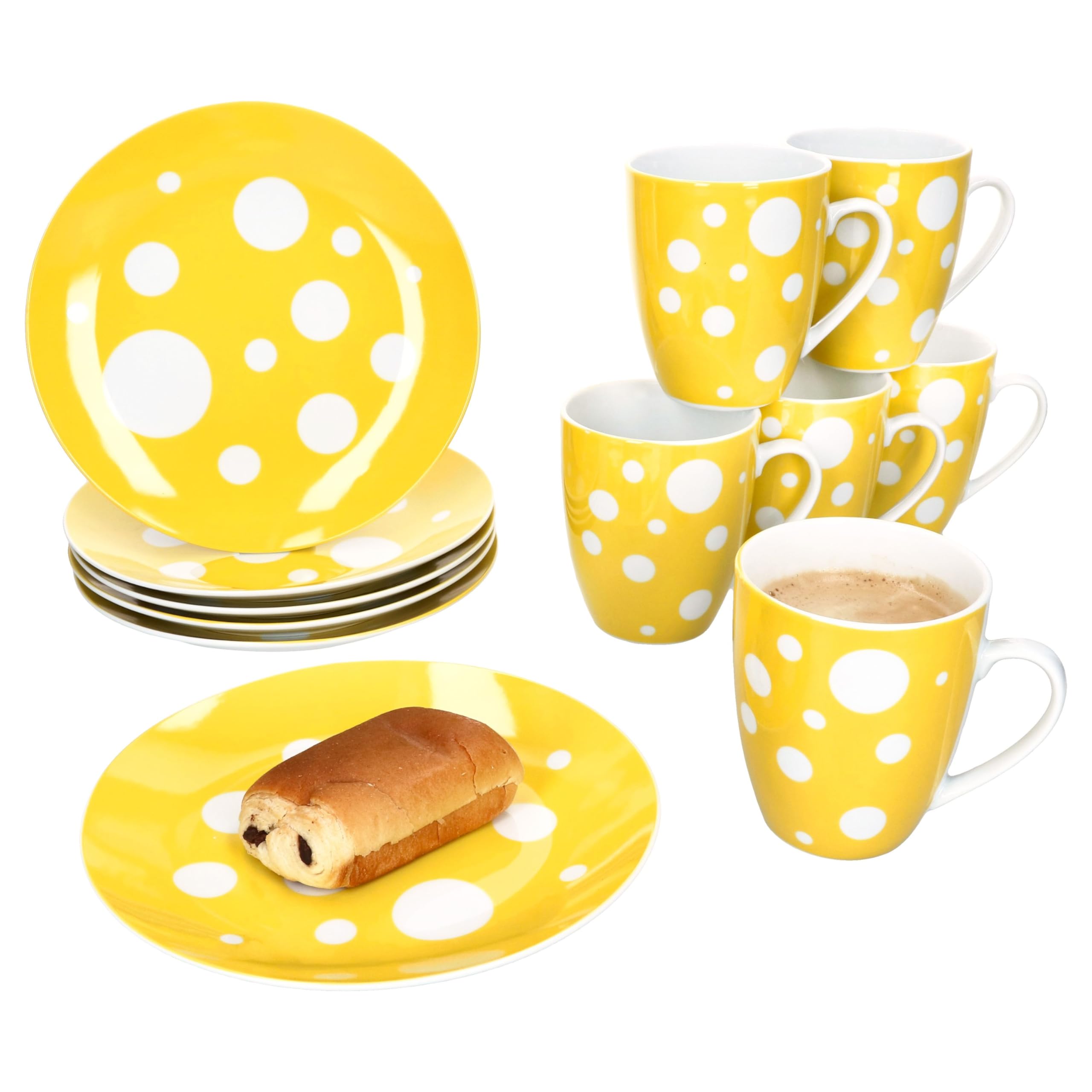 MamboCat Pula gelb 12tlg Frühstücksset I je 6X Gepunktete Kuchenteller & Kaffeebecher 300 ml aus Porzellan I 6 Personen I gelbes Punkte-Dekor I für Frühstück & Kaffee