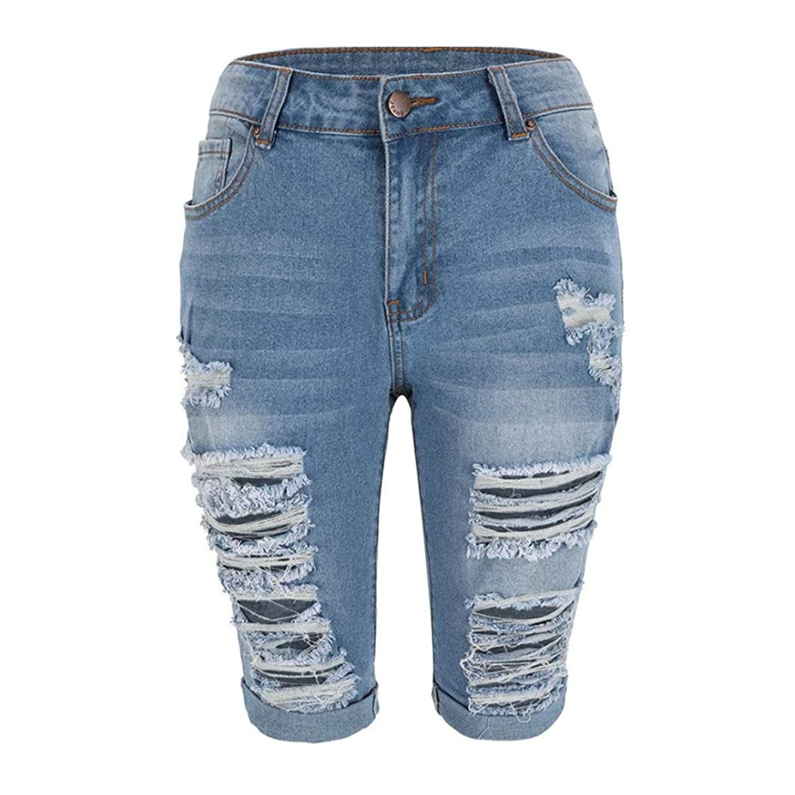 JEKE-DG Women Ripped Holes Jeans Shorts High Waist Ripped Hole Washed Short Jeans Distressed Denim Pencil Shorts Pants (Medium,Blue)