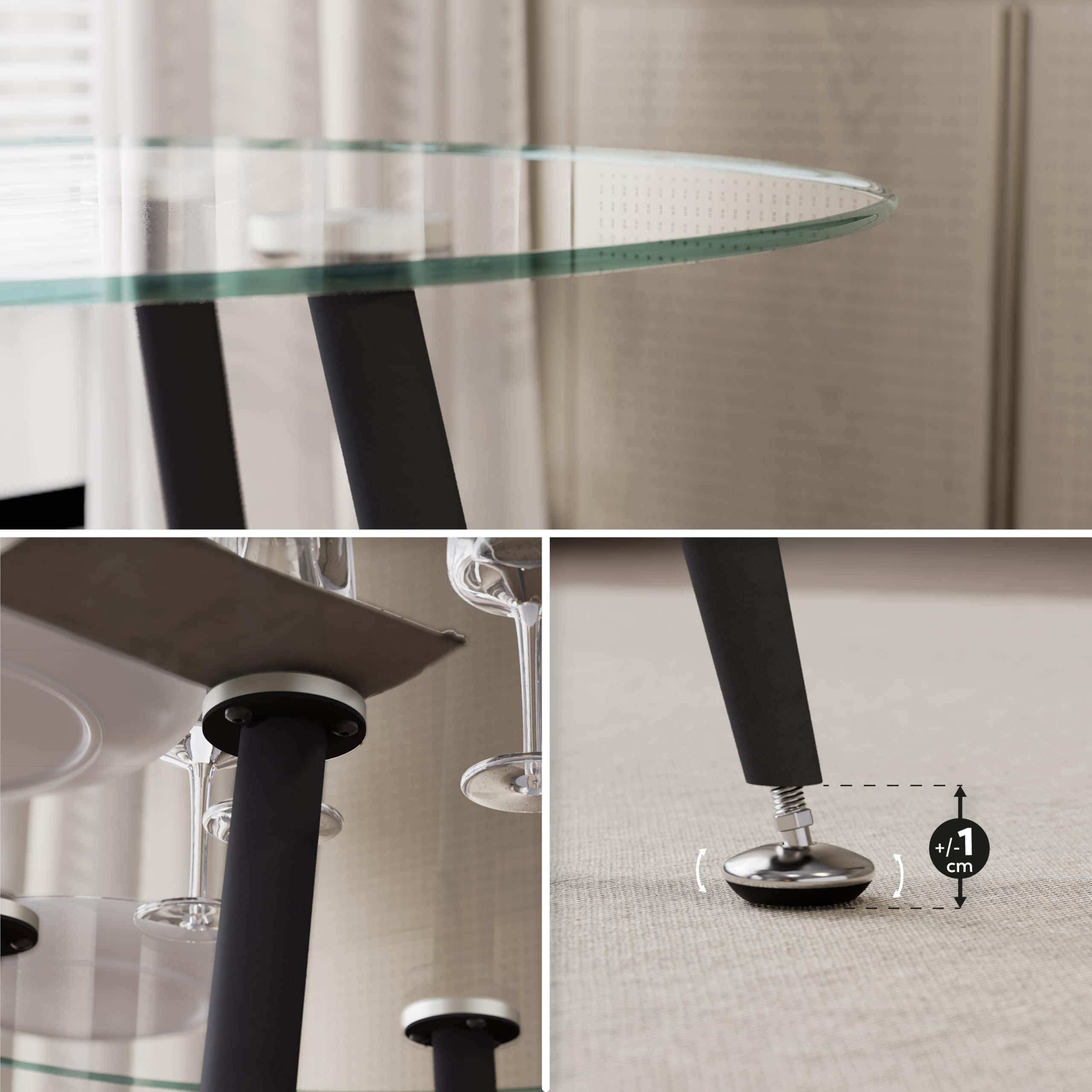 Mesa de Comedor Fija Redonda Corin | 100 x 100 x 75 cm | Ideal para Cocina o Salón | Ideal para 3 a 4 Personas | Tablero de Cristal Transparente | Patas de Metal en Negro