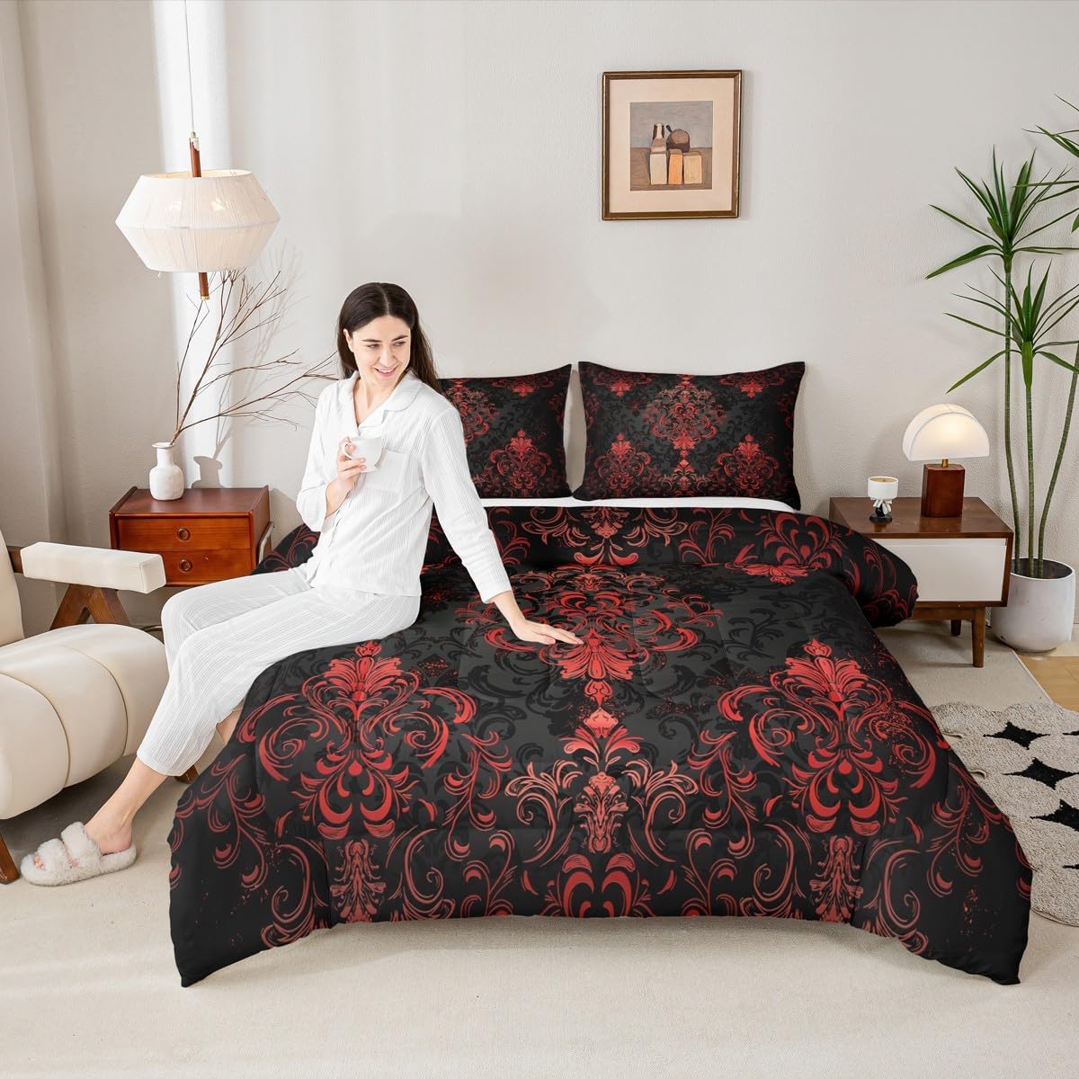 Kids Damask Floral Bedding Set Twin Size Ombre Red Black Duvet Quilt for Boys Girls Bedroom Decor Vintage Jacquard Comforter Set Breathable Soft Microfiber Women Men Exotic Floral With 1 Pillow Case