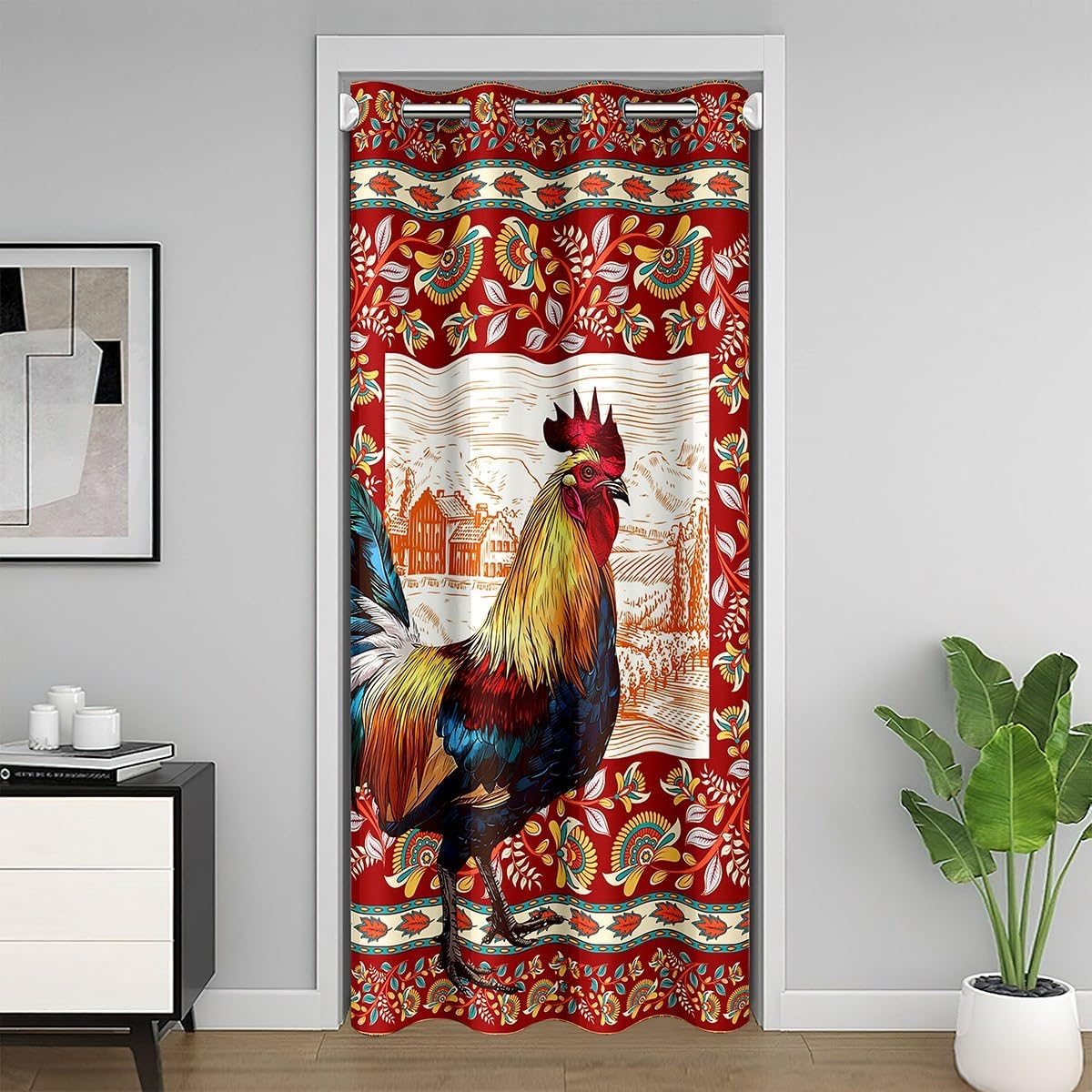 Colorful Chicken Door Curtain Cute Wild Farm Animal Decor Doorway Curtain for Closet Door Retro Grid Rustic Farmhouse Style Door Drape for Bedroom Privacy 1 Panel 42" W X 80" L
