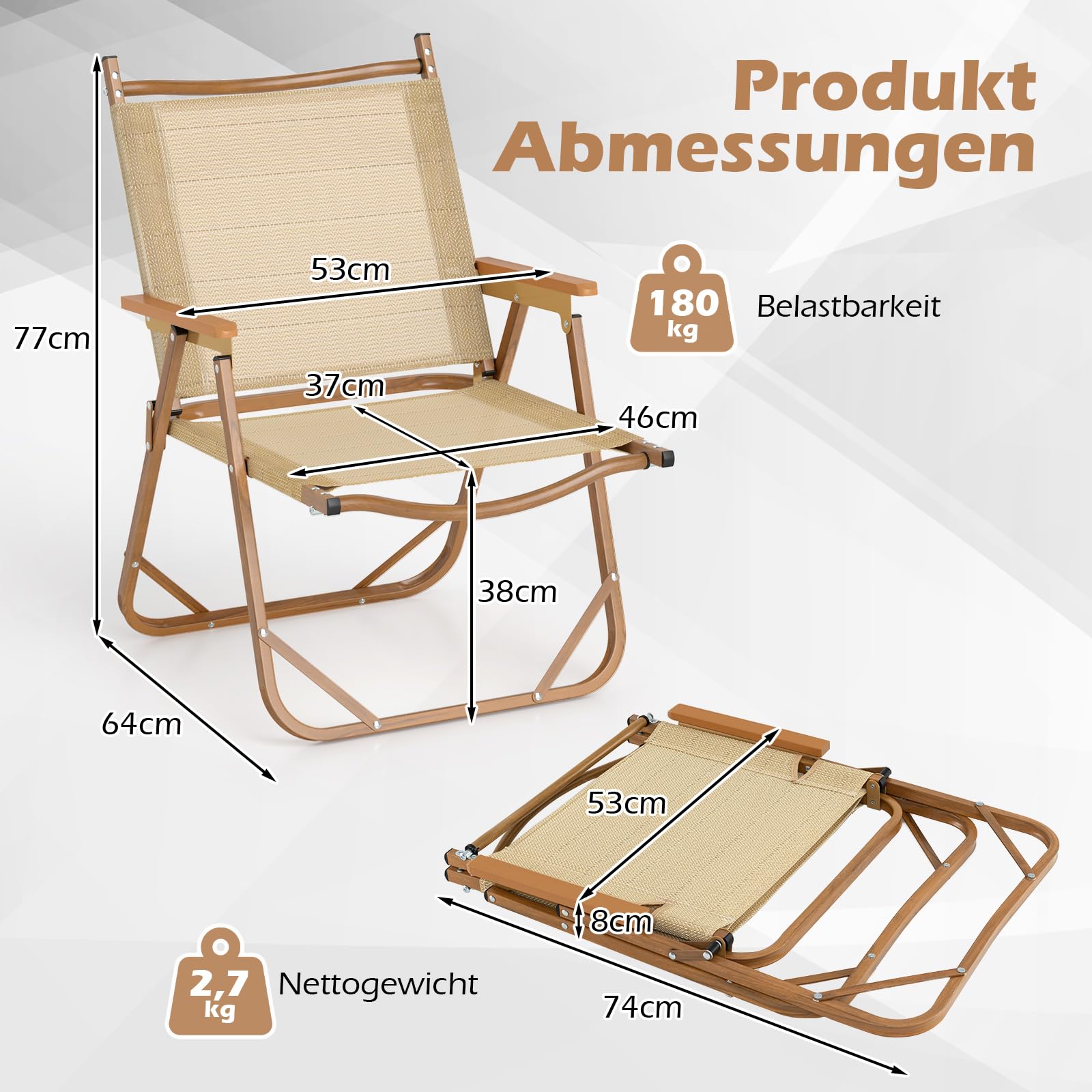 COSTWAY Zestaw 2 składanych krzeseł kempingowych, niskie krzesła składane z aluminiową ramą, ultralekkie krzesła składane, krzesła plażowe, ładowność 180 kg, do kempingu, plaży, ogrodu