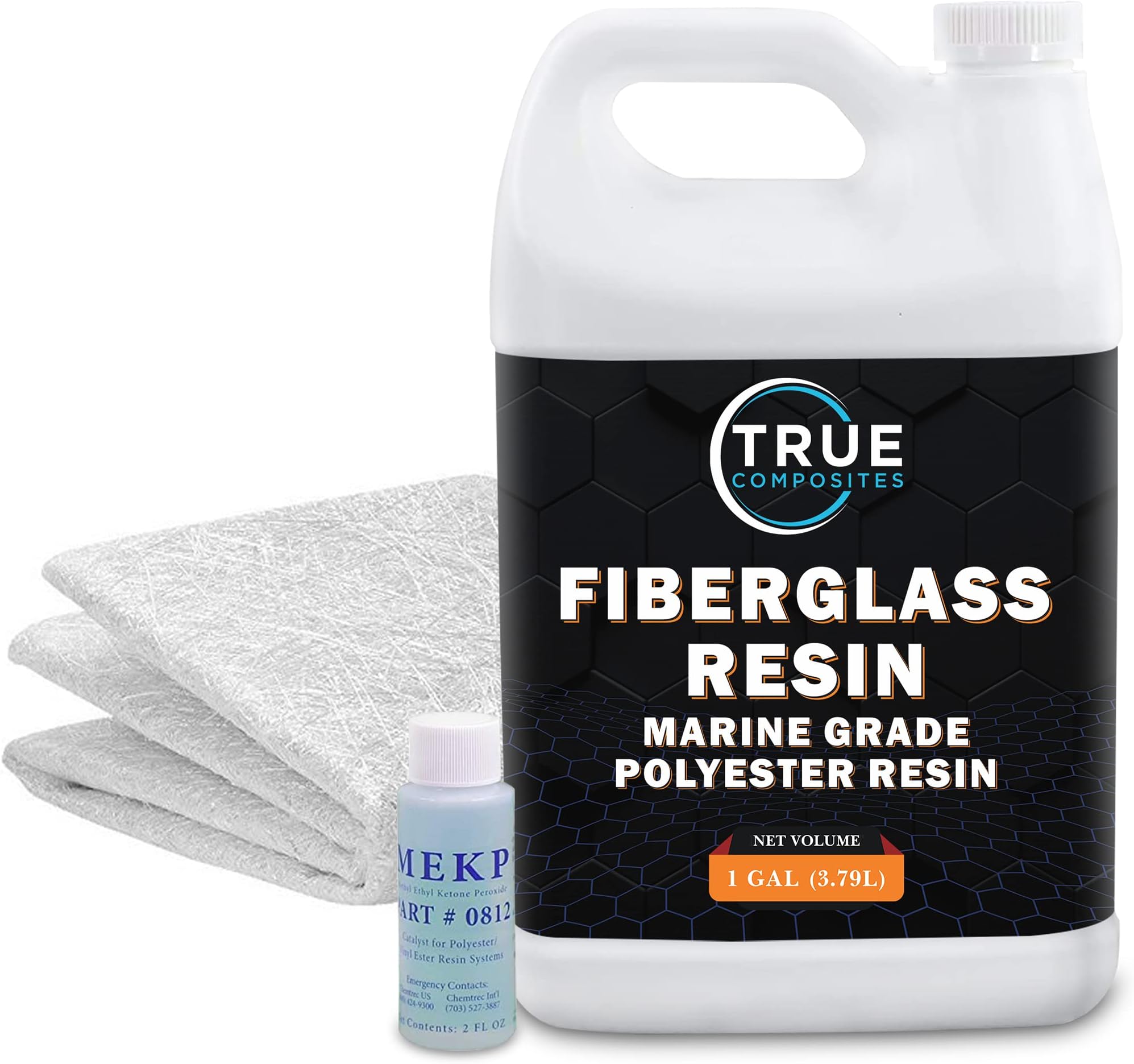 Fiberglass Polyester Resin-Marine Grade Repair Kit-(1 Gallon, 2oz Hardener) & Fiberglass Chopped Strand Mat (1.5oz x50" Wide x10 Yards) Clear Coating, Bonding, Crack Filling