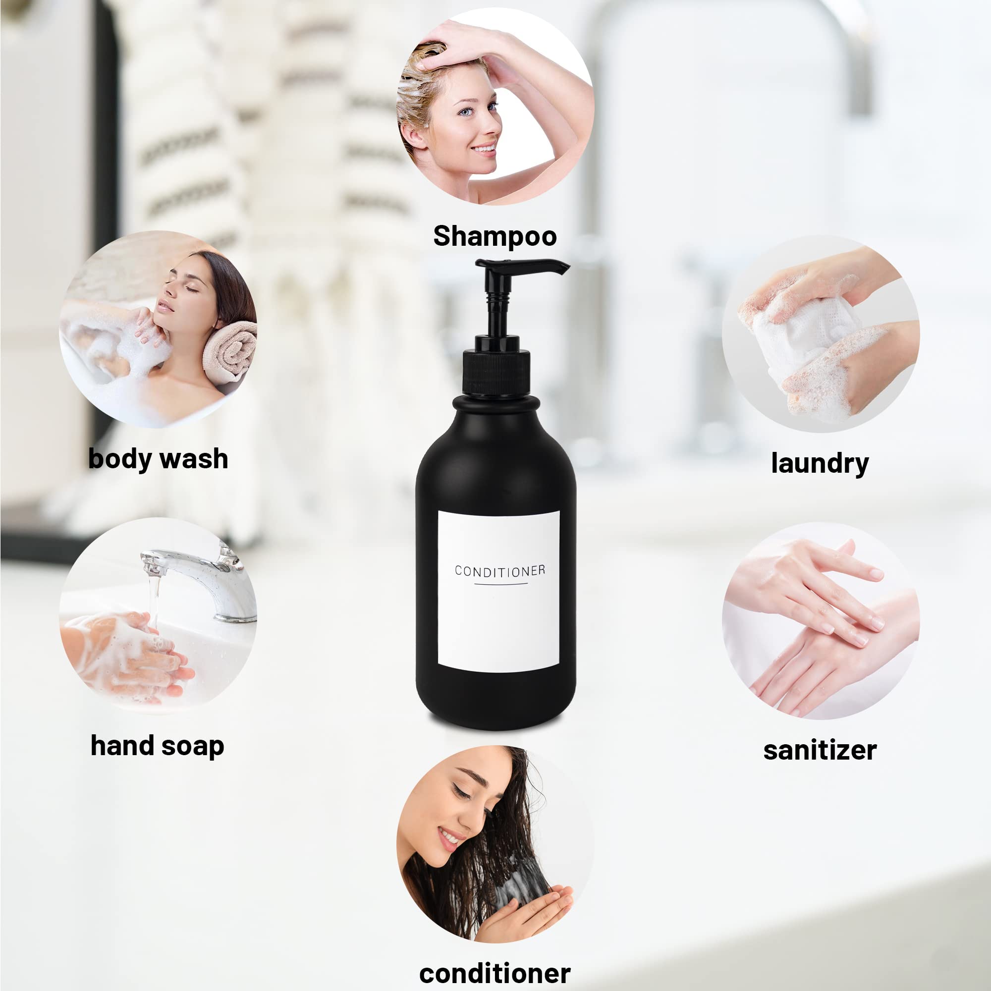 Ezebesta Pack of 3 Black 500ml Soap Lotion Pump Dispensers with 22 Labels and 3 Wall-Mounted Rack Bathroom Organization - Image 4