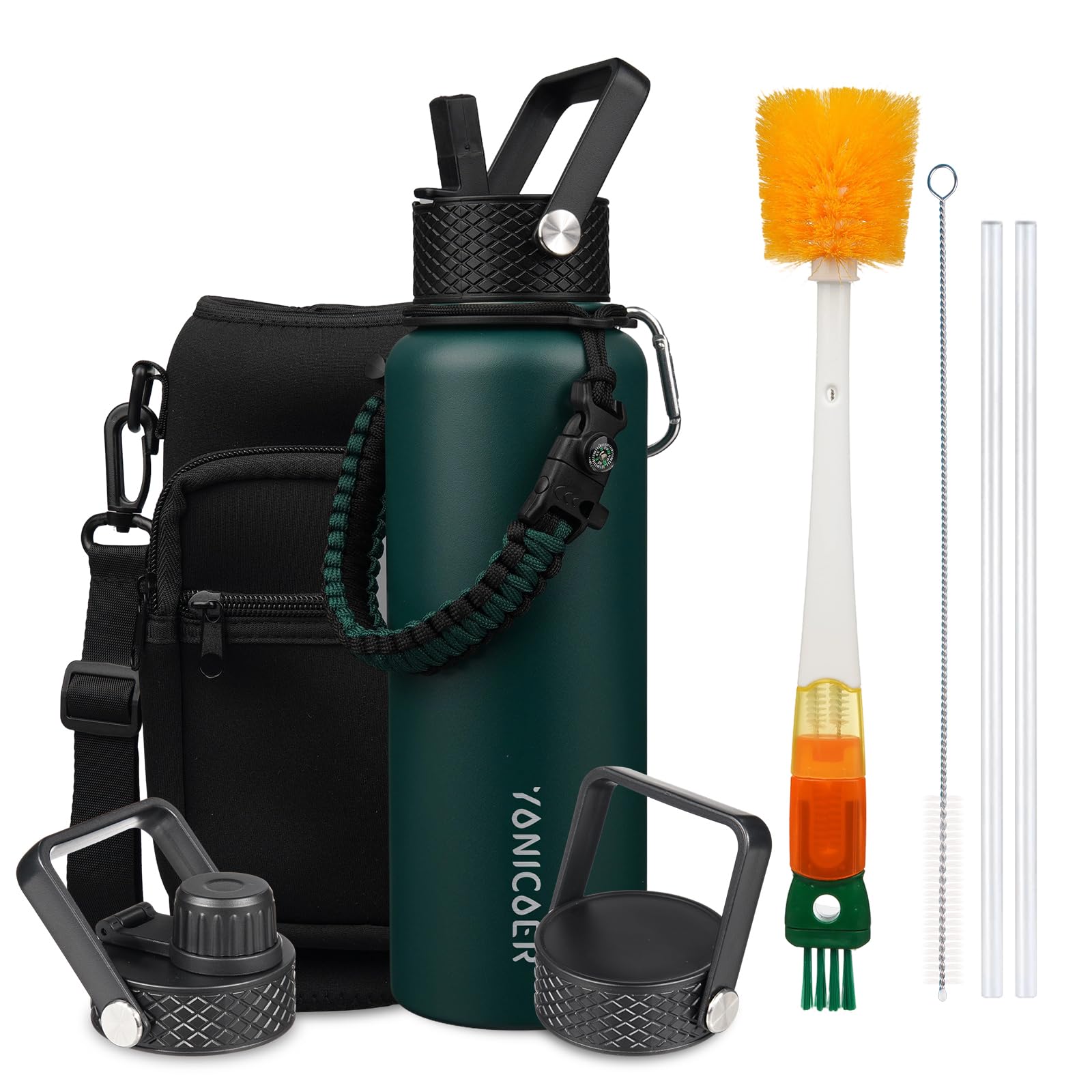 Insulated Water Bottle 40oz,Triple Wall Vacuum Stainless Steel(Dishwasher Safe),Leak Proof & Non-BPA,Flask Jug with Paracord Handle & Straw Spout Lids Sports Green