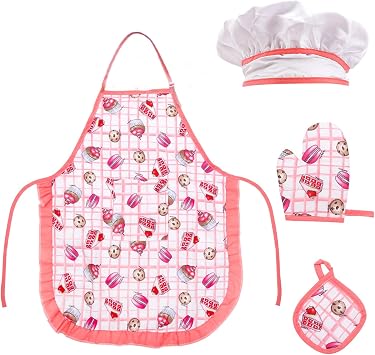 Kids Baking Set,Childrens Cake Chef Hat Apron Set Kitchen Role Play Chef Set Cooking Baking Set with Toddler Apron,Chef Hat,Cooking Mitt and Heat Resistant Pad for Girls Dress Up Ages 3+