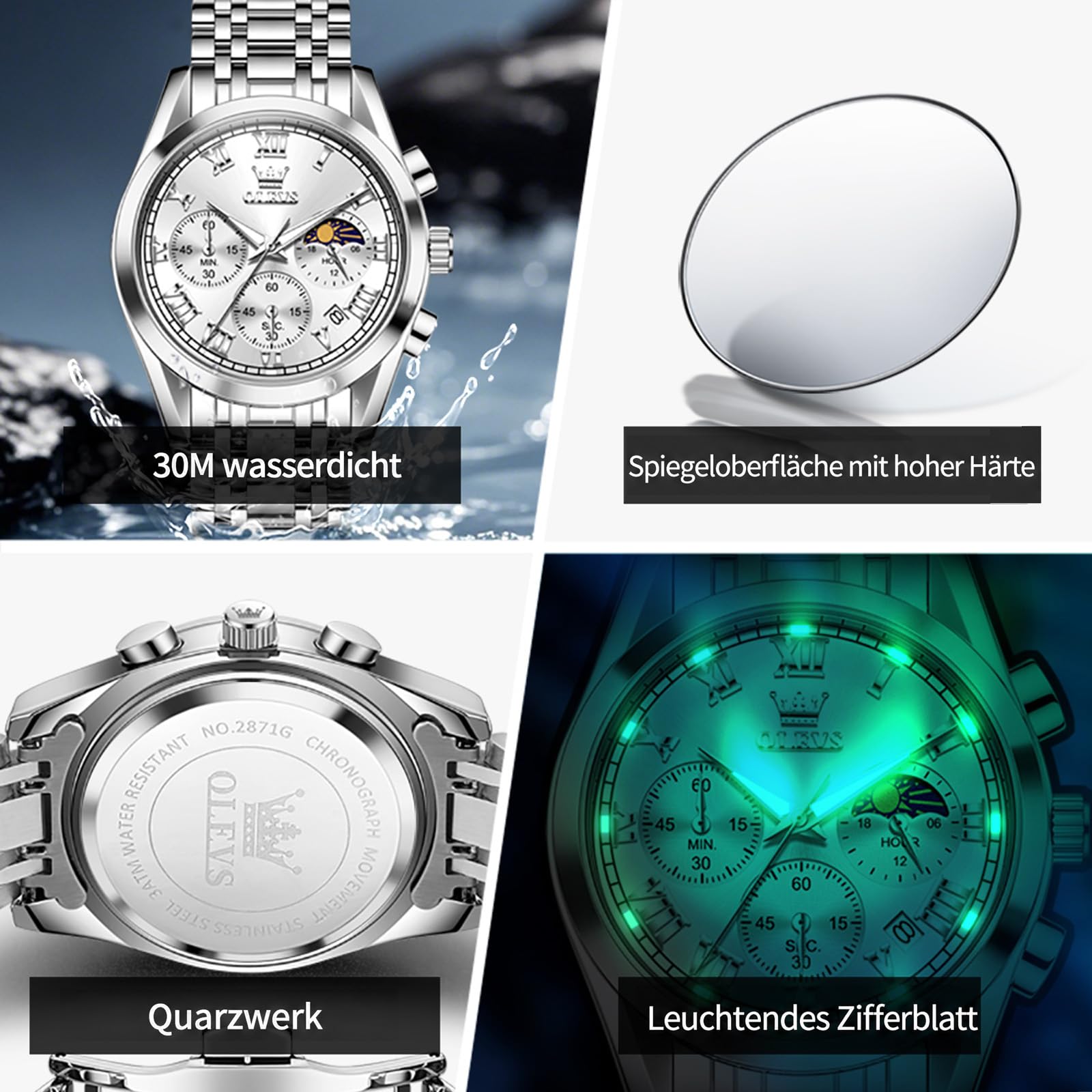 OLEVS Montre pour homme avec bracelet en acier inoxydable, phase lunaire et | Montre pour homme de 40 mm avec mouvement à quartz, aiguilles lumineuses, verre résistant aux rayures