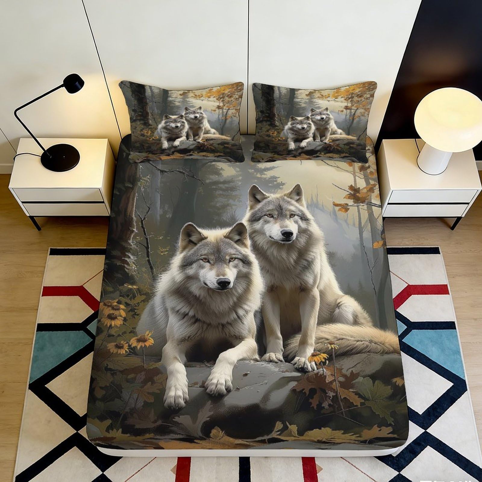 3D Printed Wolf Forest Fitted Sheet Microfiber Soft Breathable Nature Wilderness Mattress Cover for Bedroom Decor 90x200x25cm