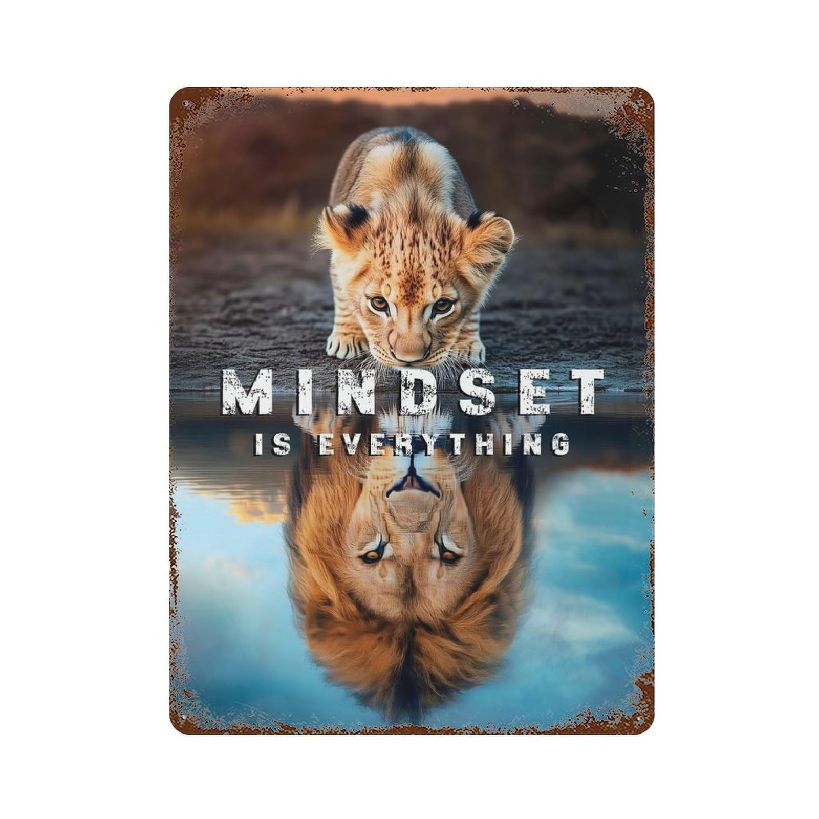 Rust Effect Tin Sign Lion Cub Mindset 15.7"x11.8", Vintage Wall Decor for Basement, Hobby Room And Garage Decor