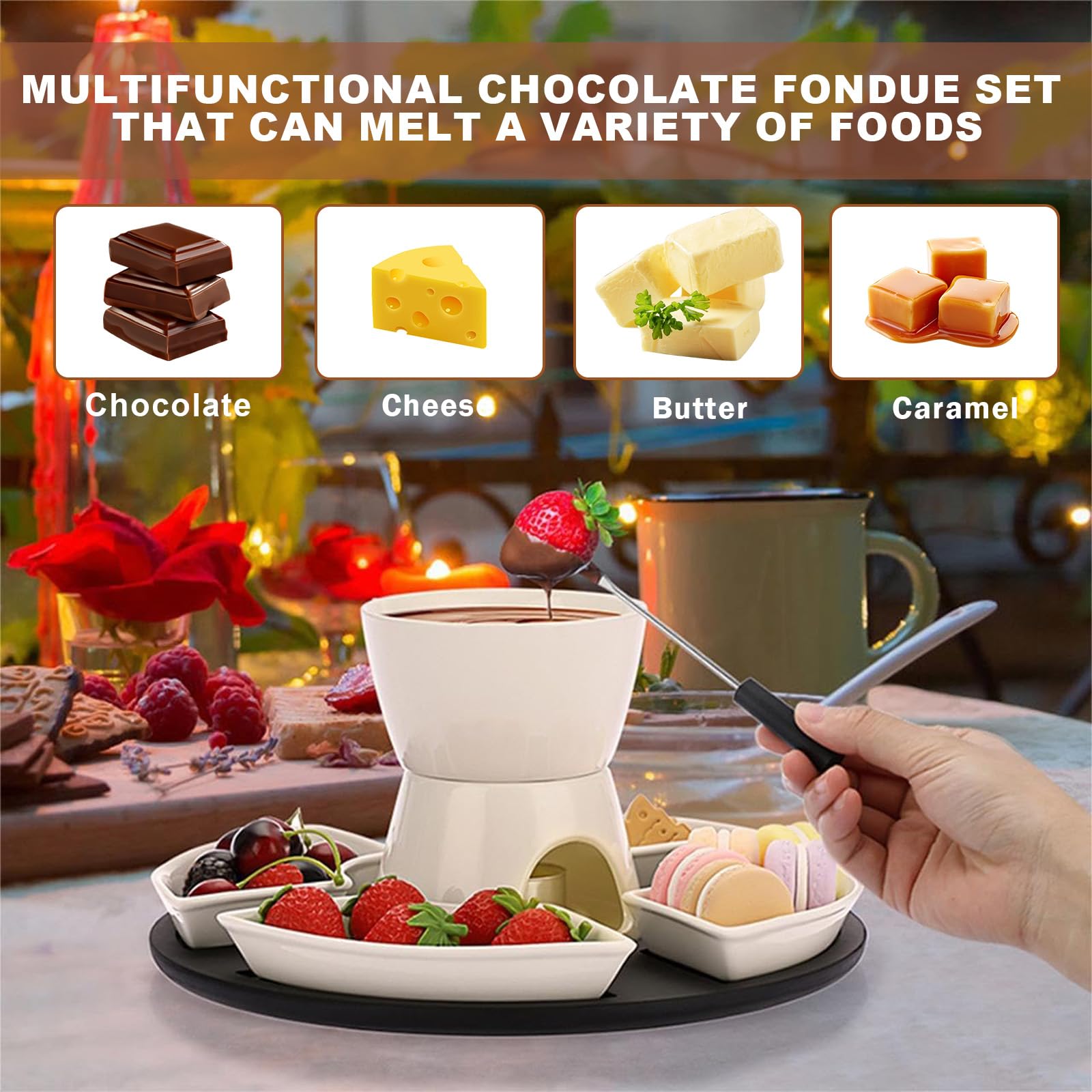 Ceramiczny zestaw do fondue czekoladowego, 300 ml, czekoladowe fondue z 4 talerzami ceramicznymi i 4 widelcami, podgrzewane jedną świecą, kolor biały, obracany czekoladowy fondue, zestaw
