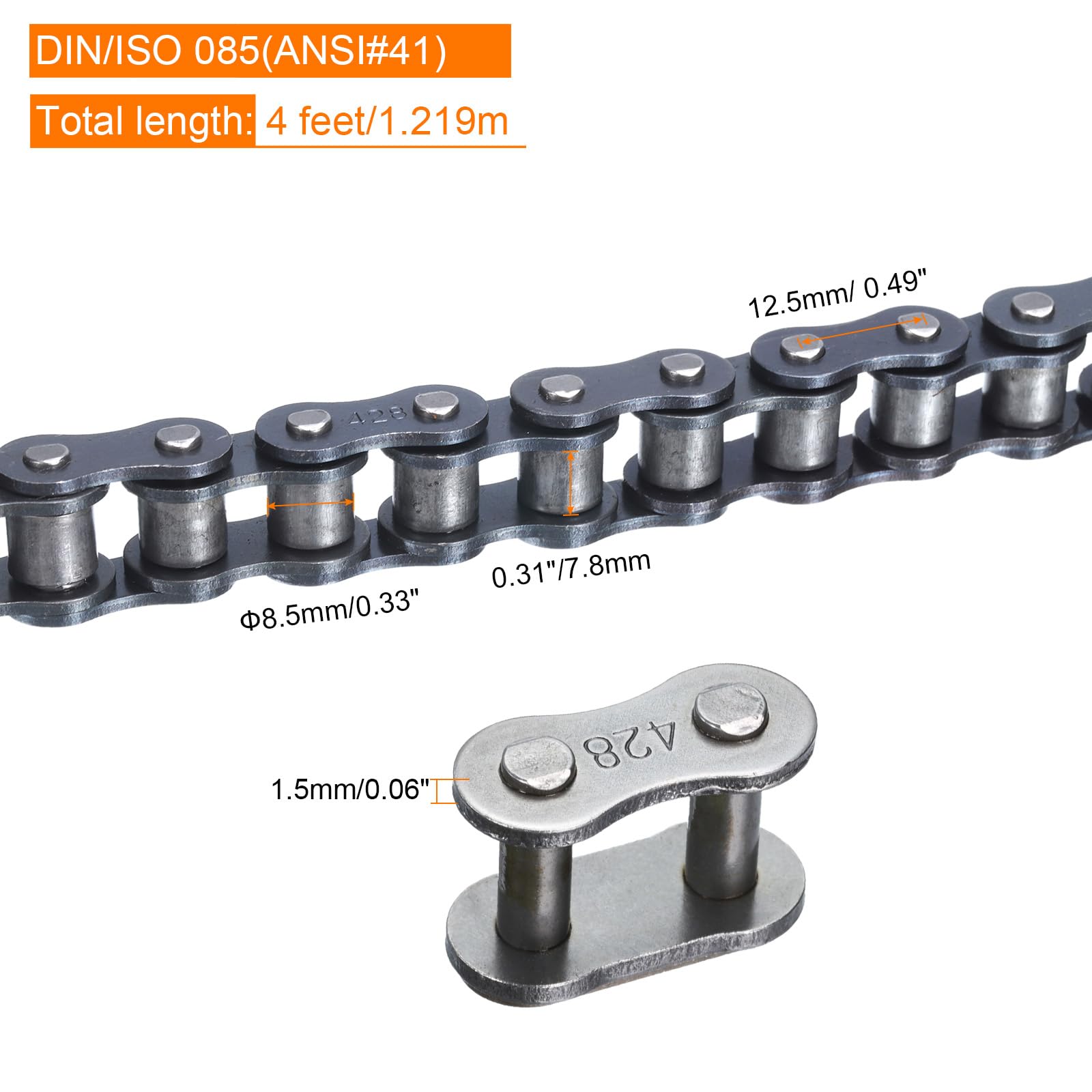 QUARKZMAN #41/ DIN/ISO 085 Roller Chain 4 Fuß 1/2" Teilung Kohlenstoffstahl Rollenkette Mit 4 Kostenlosen Master Verbindungsgliedern Für Go-Karts Fahrräder 96 Glieder