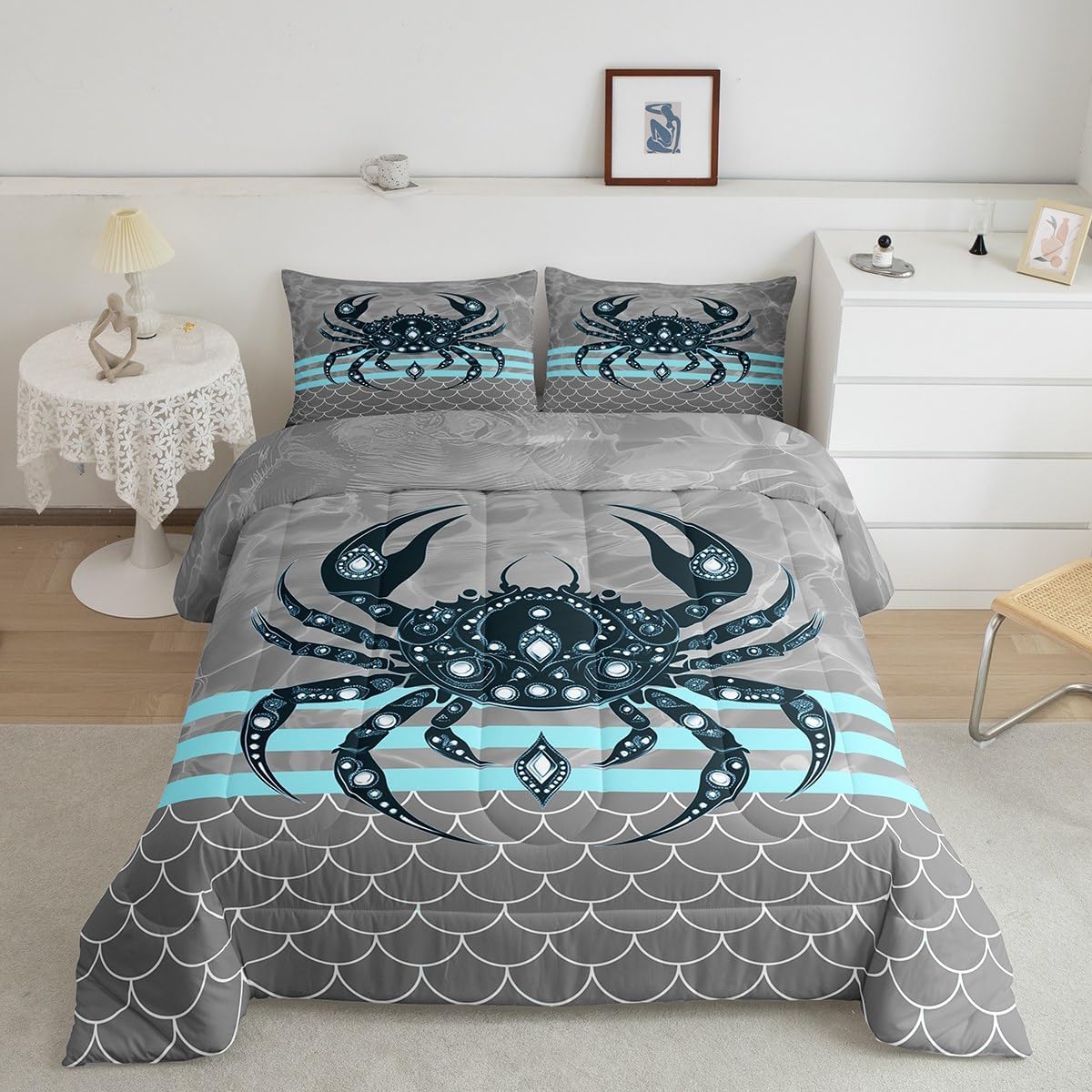 jejeloiu Crab Comforter Set Twin Size Fish Scales Print Bedding Set Kids Boys Girls Summer Ocean Sea Marine Creature Sealife Animal Comforter Geometric Stripes Quilt Set