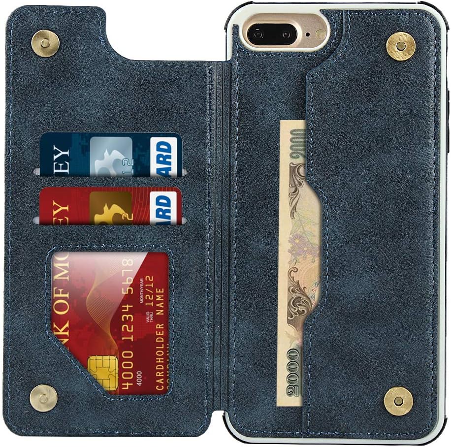 Cavor for iPhone 7 Plus iPhone 8 Plus Wallet Case with Card Holder,Credit Card Holder [4 Card Slots][with Strap] PU Leather Shockproof Phone Case for Women Men- Blue